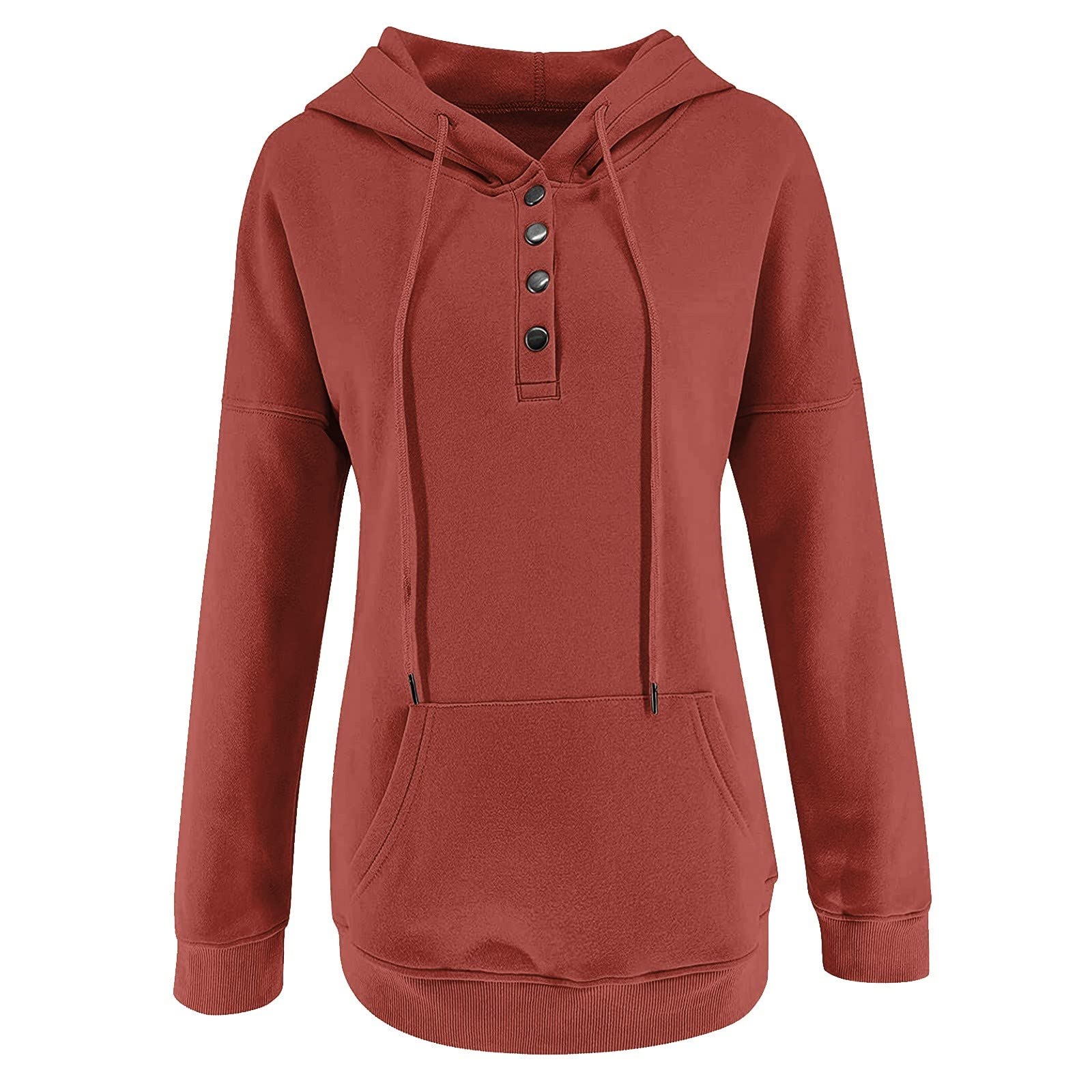 Women's Essential Hoodie USA - Button-Up Collar V-Neck Drawstring Sweatshirt, Pullover Casual Long Sleeve Top for Everyday Comfort and Style
