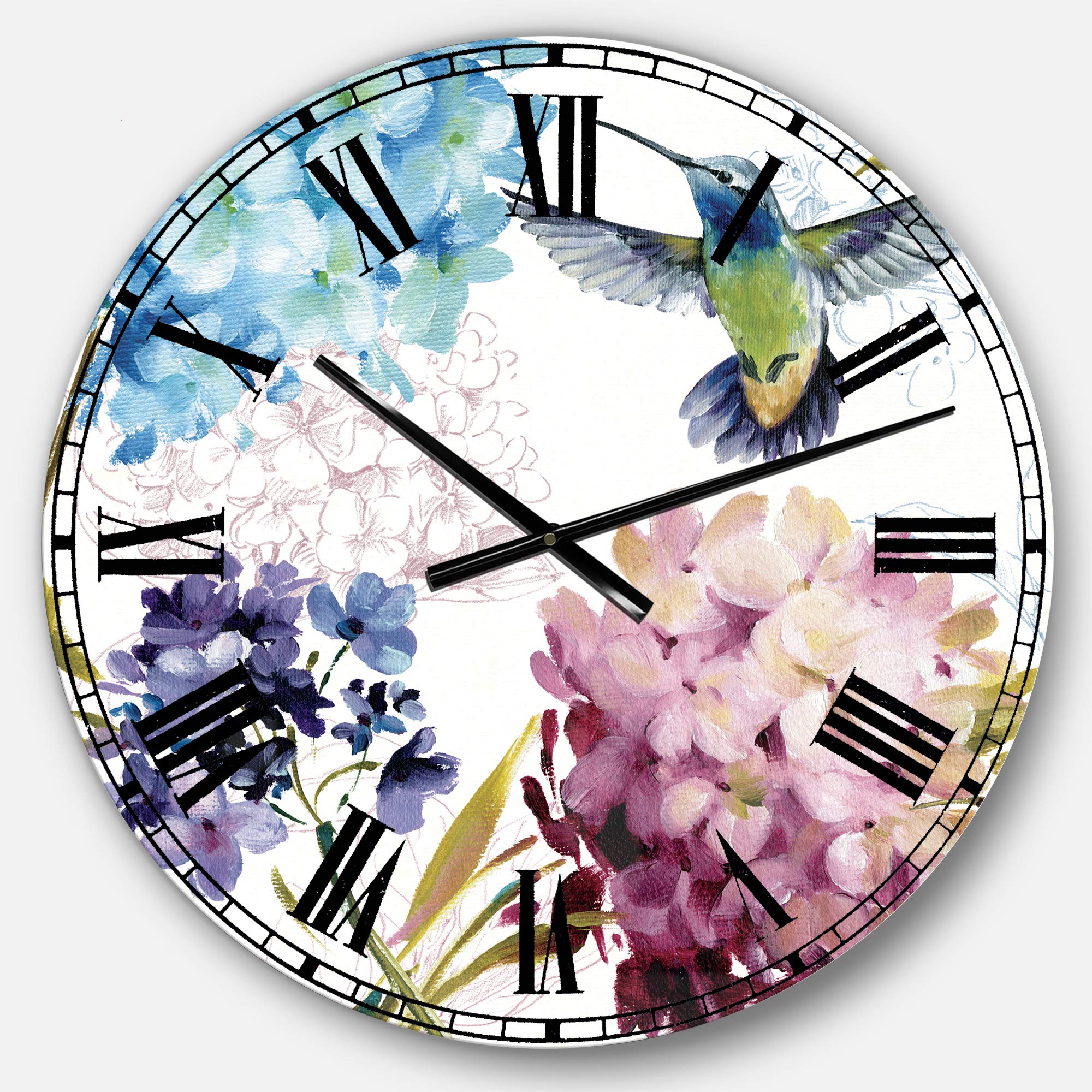 Designart Blue Hummingbird Flower Cottage Wall Art - Farmhouse Round Metal Wall Clock for Home, Living Room, Bedroom & Office Decor | Perfect for Rustic, Vintage & Boho Style Interiors