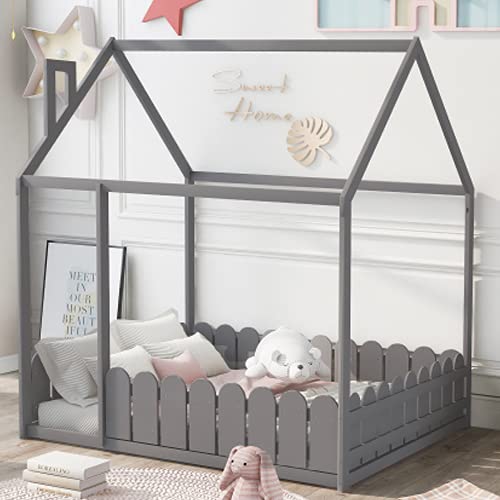 P PURLOVE Full Size House Bed Frame - Twin Montessori Floor Bed for Kids & Teens, Playhouse Bed with Fence & Roof, Gray - Perfect for Bedrooms, Playrooms & Montessori Learning Spaces