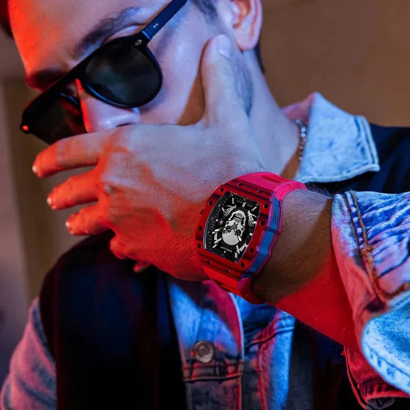 BONEST GATTI Men's Luxury Automatic Skeleton Watch - Tonneau Mechanical Wristwatch with Carbon Fiber Bezel, Titanium Case & Sapphire Crystal - Skull Design with Luminous Hands - Perfect for Business, Formal Events & Collector's Display