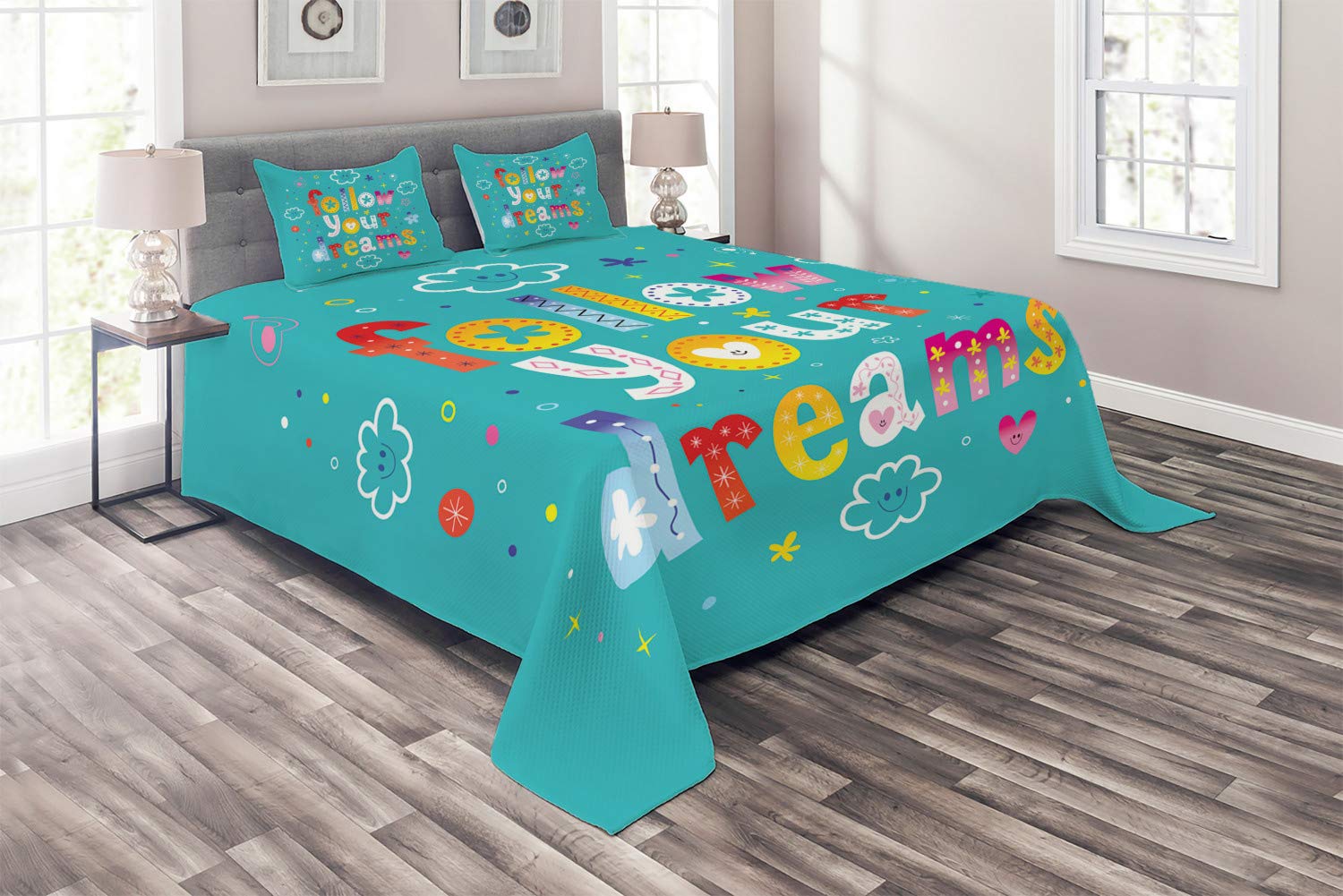 Ambesonne Dream Coverlet - 3 Piece Quilted Bedspread Set with 2 Pillow Shams, King Size, Colorful Typography & Cloud Design - Playful Kids Room Decor, Cozy Bedding for Boys & Girls Bedrooms