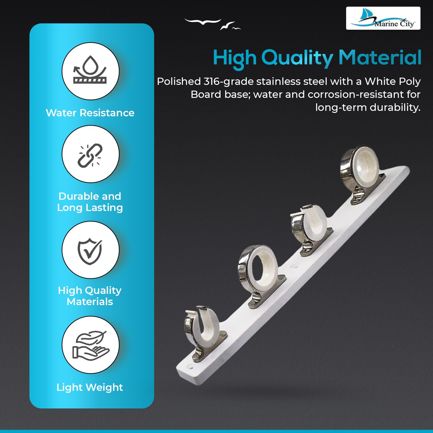 316 Stainless Steel Fishing Rod Holder Rack - White Poly Board with Smooth Polished Finish - Durable Marine & Boat Accessory for Fishing Rod Storage - Perfect for Yachts, Vans, Cars, Garages & Home Organization (1 Pack)