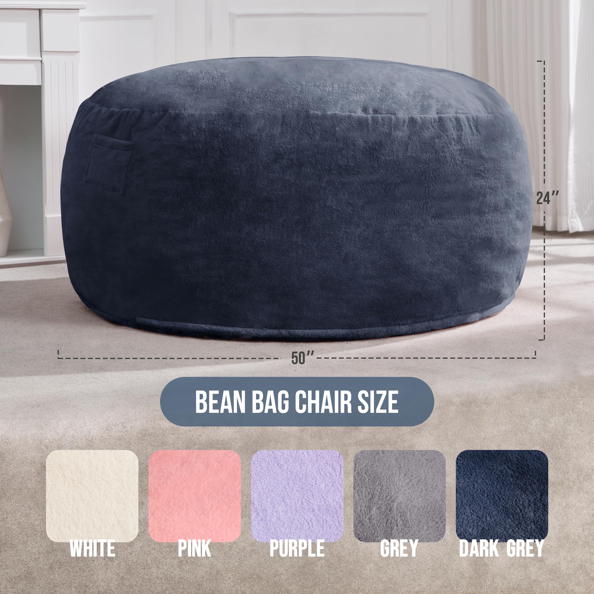 Hobestluk 5ft Large Bean Bag Chair for Adults - Plush Faux Fur Cover, Oversized Beanbag Chair for Living Room, Bedroom, Dorm & Office - Dark Grey (50”x50”x24”) - Perfect for Lounging, Gaming & Relaxation