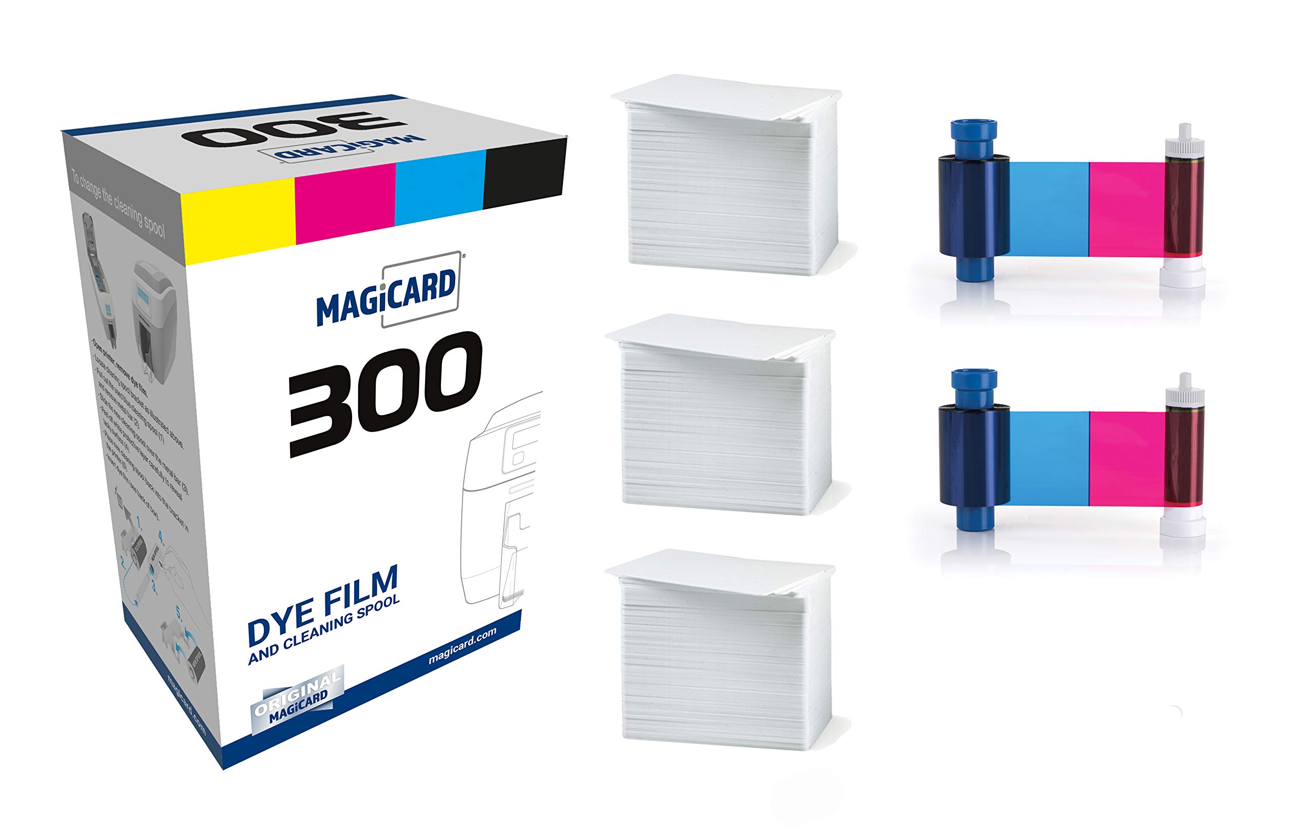 Magicard 300 Printer with 2 x MC300YMCKO Color Ribbons - YMCKO (600 Total Prints) & Bodno Premium CR80 30 Mil PVC Cards (300 Qty) - High-Quality ID Badge Printing for Offices, Schools & Events