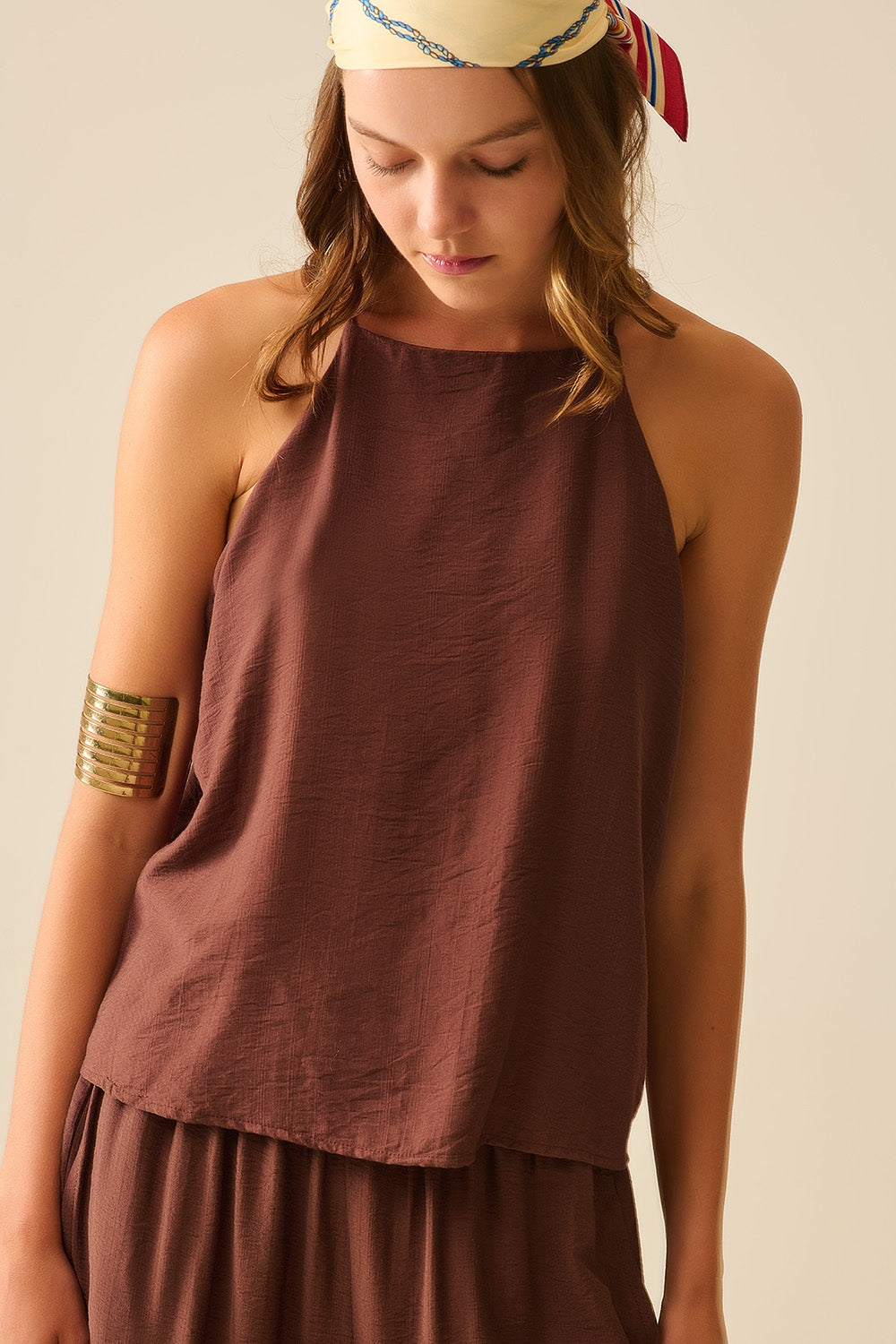 Basic Summer Tank Top with High Neck in Chocolate Brown - Perfect for Casual Outfits, Beach Wear & Layering