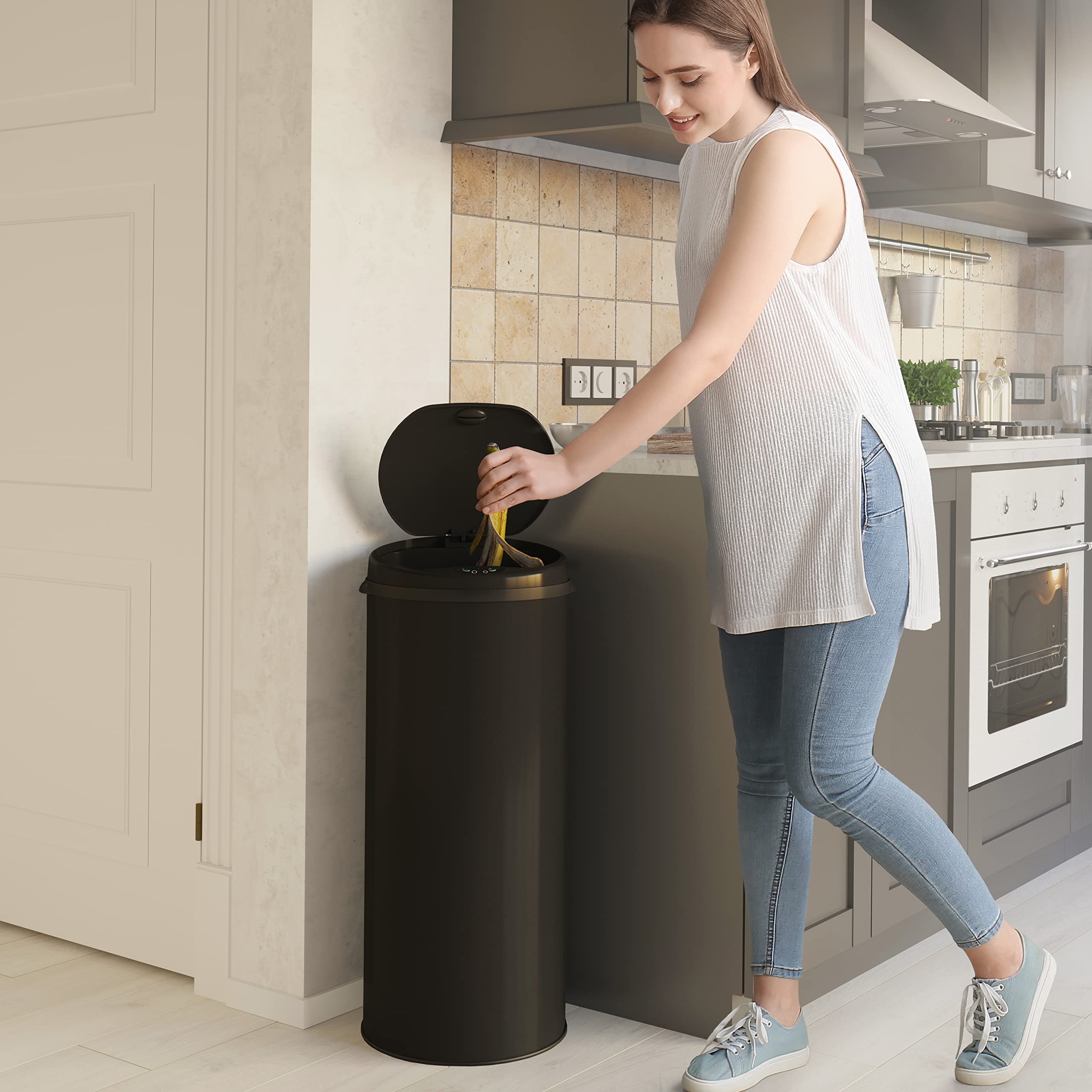 iTouchless 13 Gallon Automatic Trash Can with Odor Control System - Black Round Sensor Garbage Bin for Kitchen, Office, Bathroom & Home Use