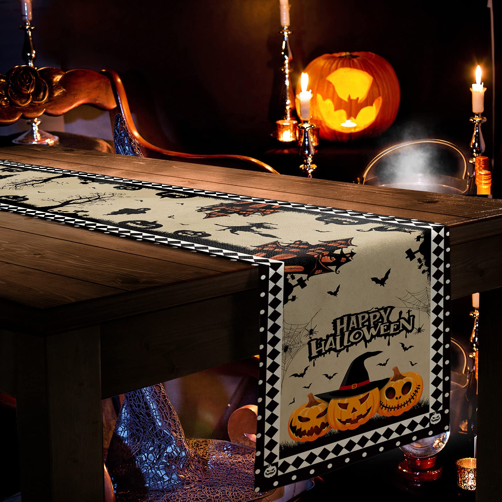 108 Inch Halloween Table Runner - Haunted House Pumpkin Design, Taupe Checkered Kitchen Dining Decor for Coffee Table, Holiday Party & Banquet | Perfect for Halloween Parties, Thanksgiving Dinners & Fall Home Decor