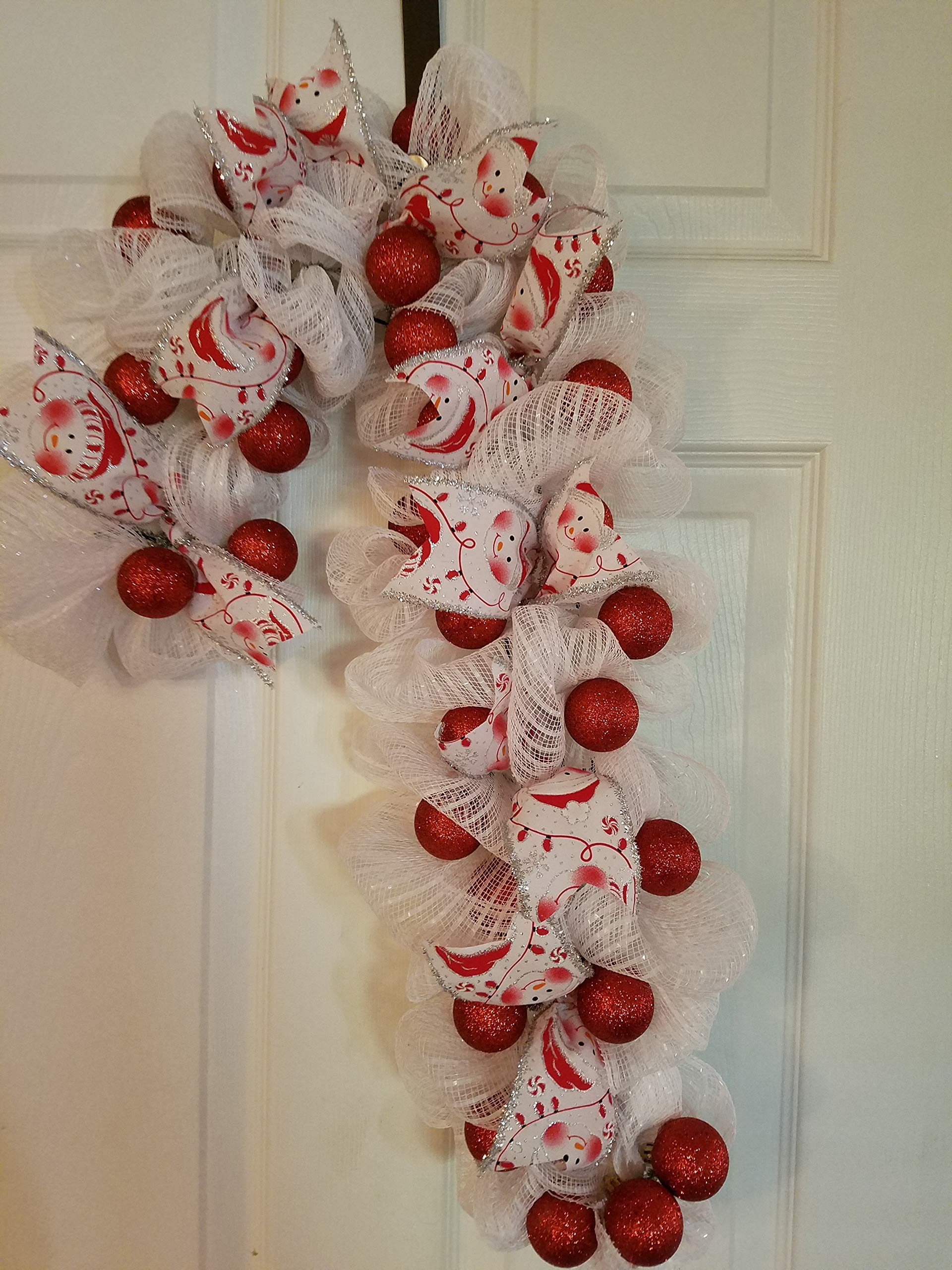 Festive Snowman Candy Cane Shaped Christmas Wreath - Holiday Door Decor for Home, Office & Winter Party Decoration