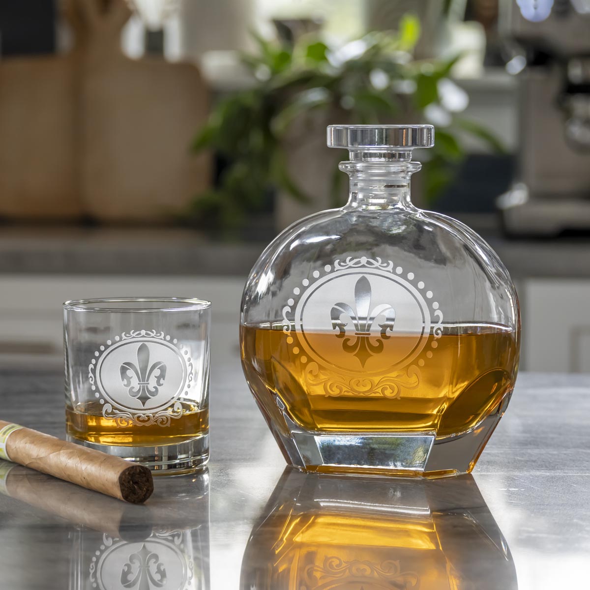 Royal Fleur De Lis 3-Piece Whiskey Decanter and Glasses Gift Set - Elegant Barware for Bourbon, Scotch & Cocktails | Perfect for Home Bars, Weddings & Gifts