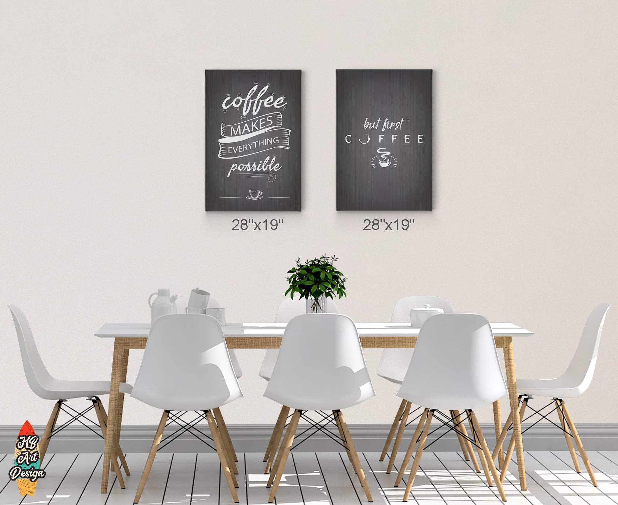HB Art Design 'Coffee Makes Everything Possible' & 'But First Coffee' 2-Panel Canvas Print Set (40x30 inches x2) - Wall Art for Coffee Bar, Kitchen Decor, Dining Room & Coffee Shop - Perfect for Home, Office & Café Decorations
