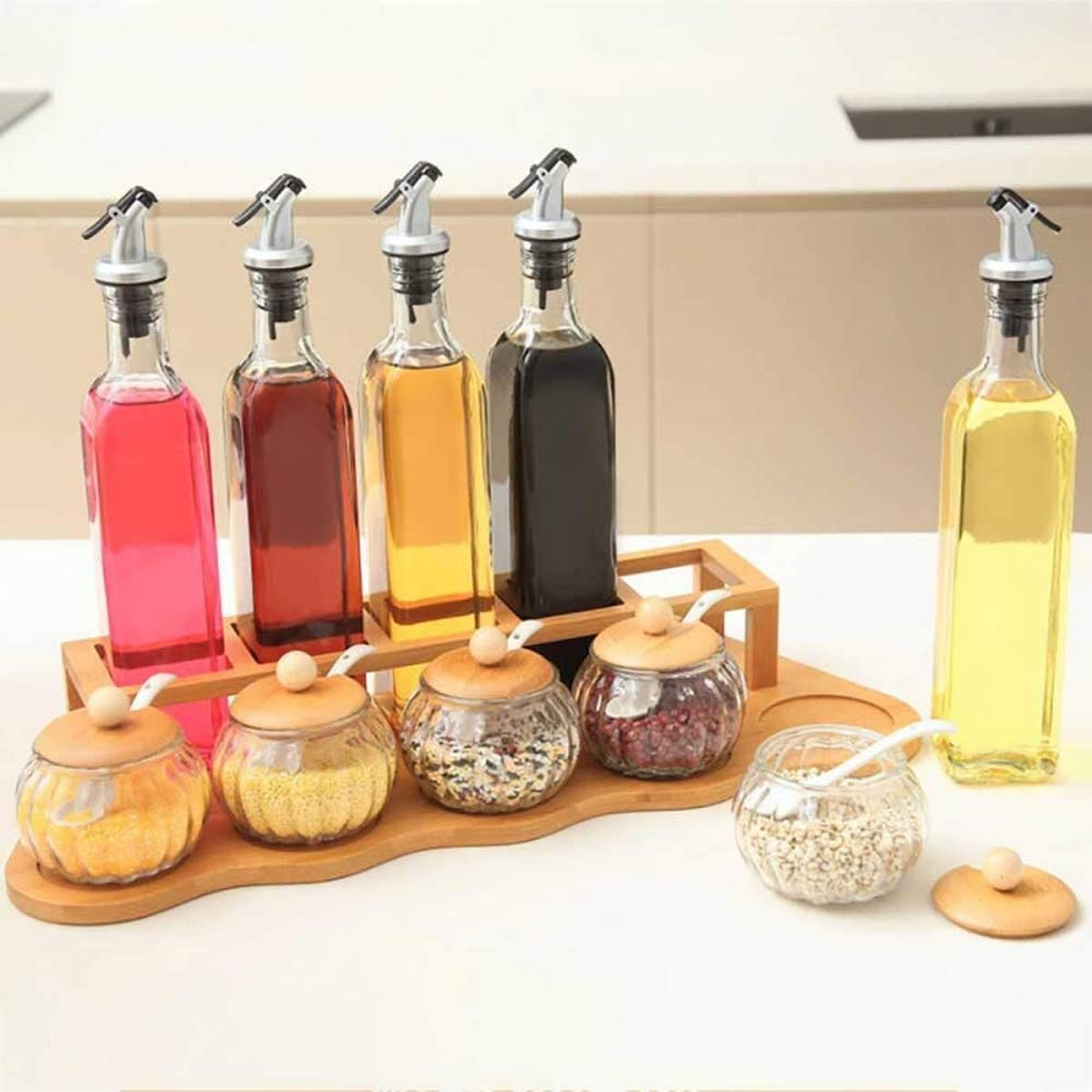 10-Piece Glass Spice Jar Set with Bamboo Wood Storage Rack - Vinegar & Oil Cruet Bottles with Spoon - Perfect for Kitchen Pantry Organization & Seasoning Display