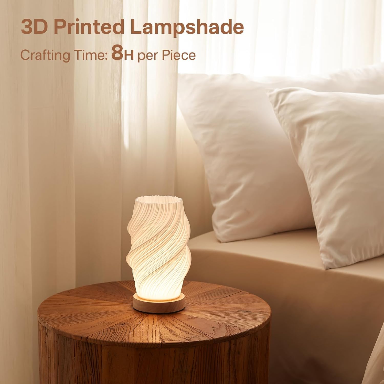 Wood Base Bedside Lamp - 12-Level Dimmable Nightstand Light with Button Control & PLA Shade for Bedroom, Living Room, Office - Perfect for Reading, Relaxing & Nighttime Use (White, Medium)