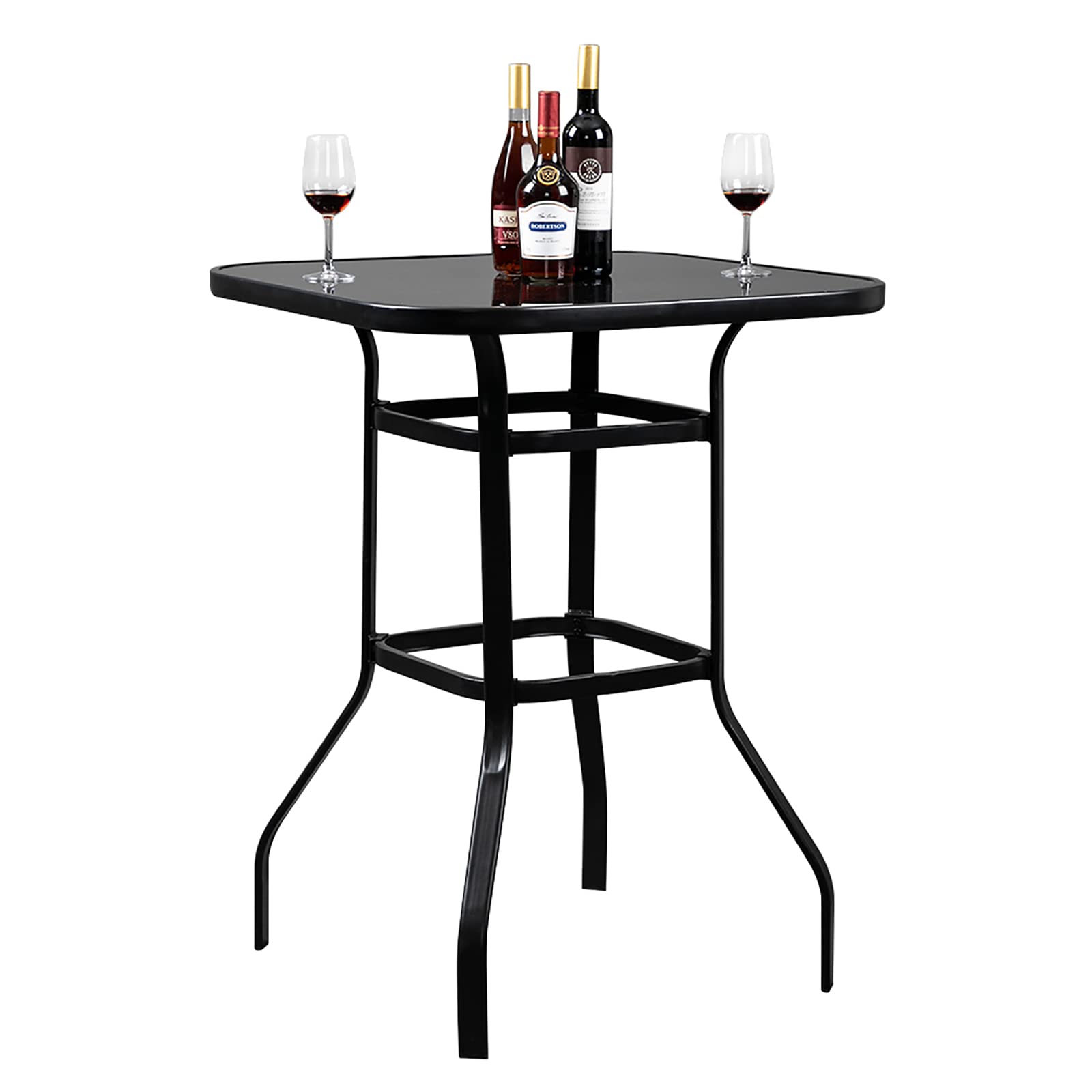 **Outdoor Bar Table - Heavy Duty Metal Frame with Tempered Glass Top - All-Weather Patio Bistro Table - Black - Easy Assembly for Backyard, Garden, or Poolside Dining**