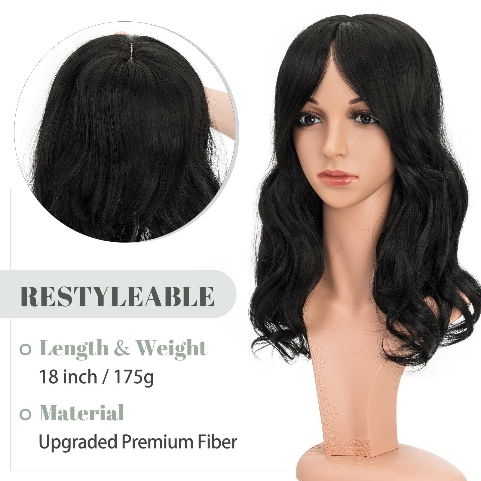 18 Inch Synthetic Hair Topper with Bangs - Natural Looking Hairpiece for Thinning Hair - Perfect for Daily Wear, Cosplay & Special Occasions