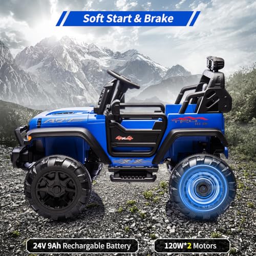 GARVEE 24V Electric Ride On Truck for Kids - 2 Seater Remote Control Car with LED Lights, Music & Horn | Large Storage Space & Cup Holder | Toddler Toy Vehicle for Ages 3-8 (Blue) | Perfect for Outdoor Play, Birthday Gifts & Family Fun