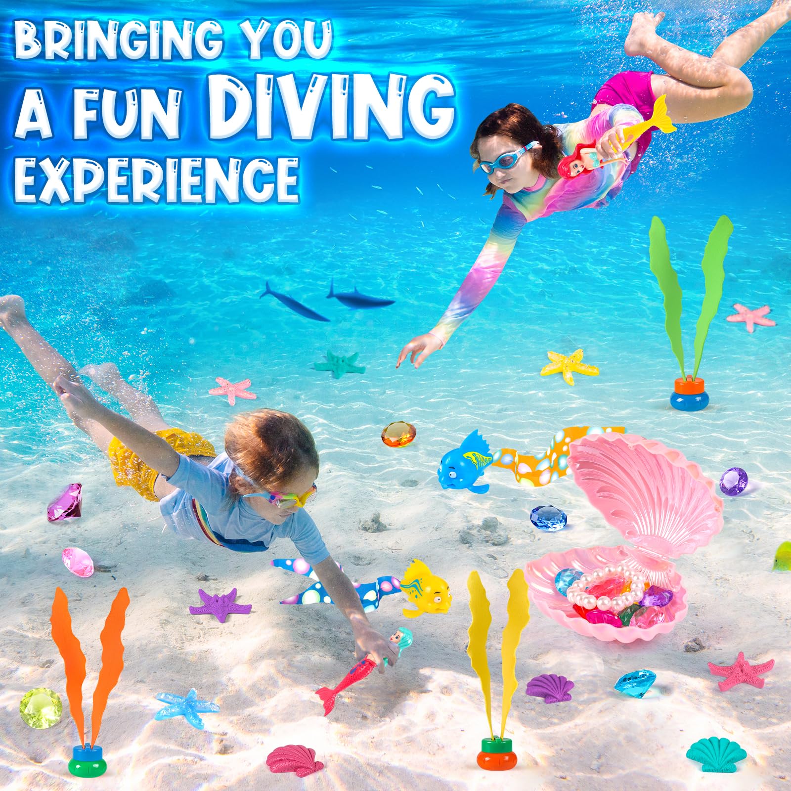31Pcs Mermaid Pool Toys Set with Shell Treasure Chests & Storage Bag - Diving Toys for Kids Swimming Games | Summer Water Toys Gift for Toddlers Boys & Girls | Perfect for Pool Parties, Beach Trips & Backyard Fun