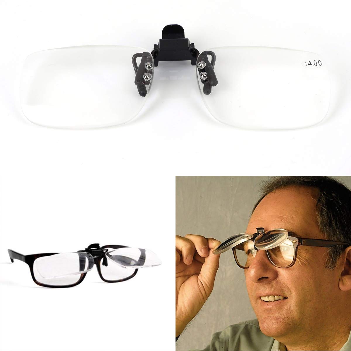 Clip On Flip Up Magnifying Reading Glasses 4.0x - Unisex Readers with Detachable Lenses for Reading, Hobbies & Close Work - Perfect for Books, Crafts & Electronics Repair