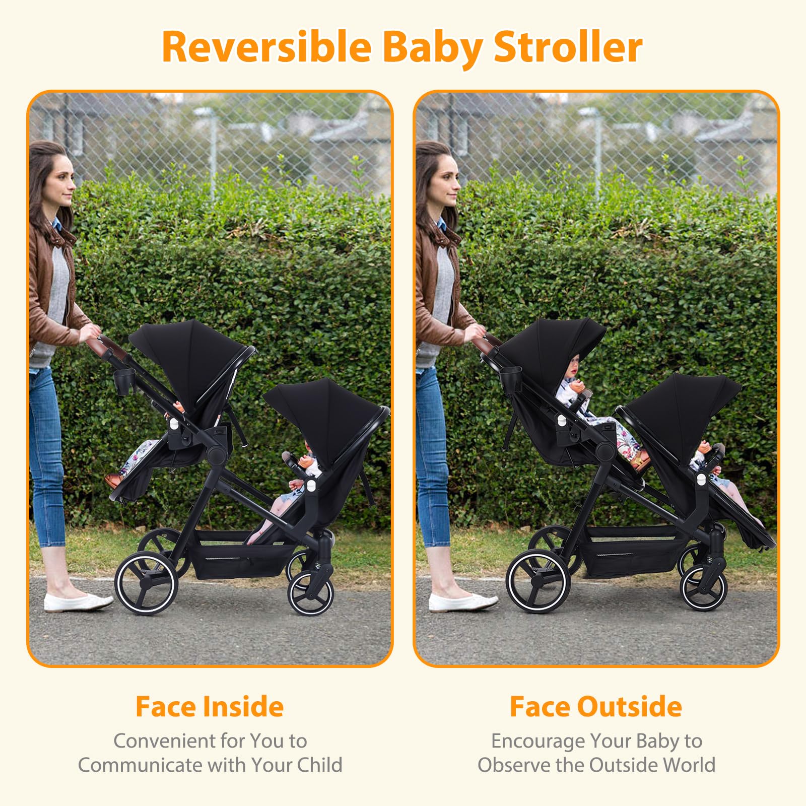 Double Stroller for Infants and Toddlers | Foldable Tandem Baby Stroller with Reversible Seat & Bassinet | Large Storage Basket, Adjustable Canopy & Backrest | Perfect for Twins, Siblings or Newborns | Ideal for Shopping, Travel & Daily Walks (Black)