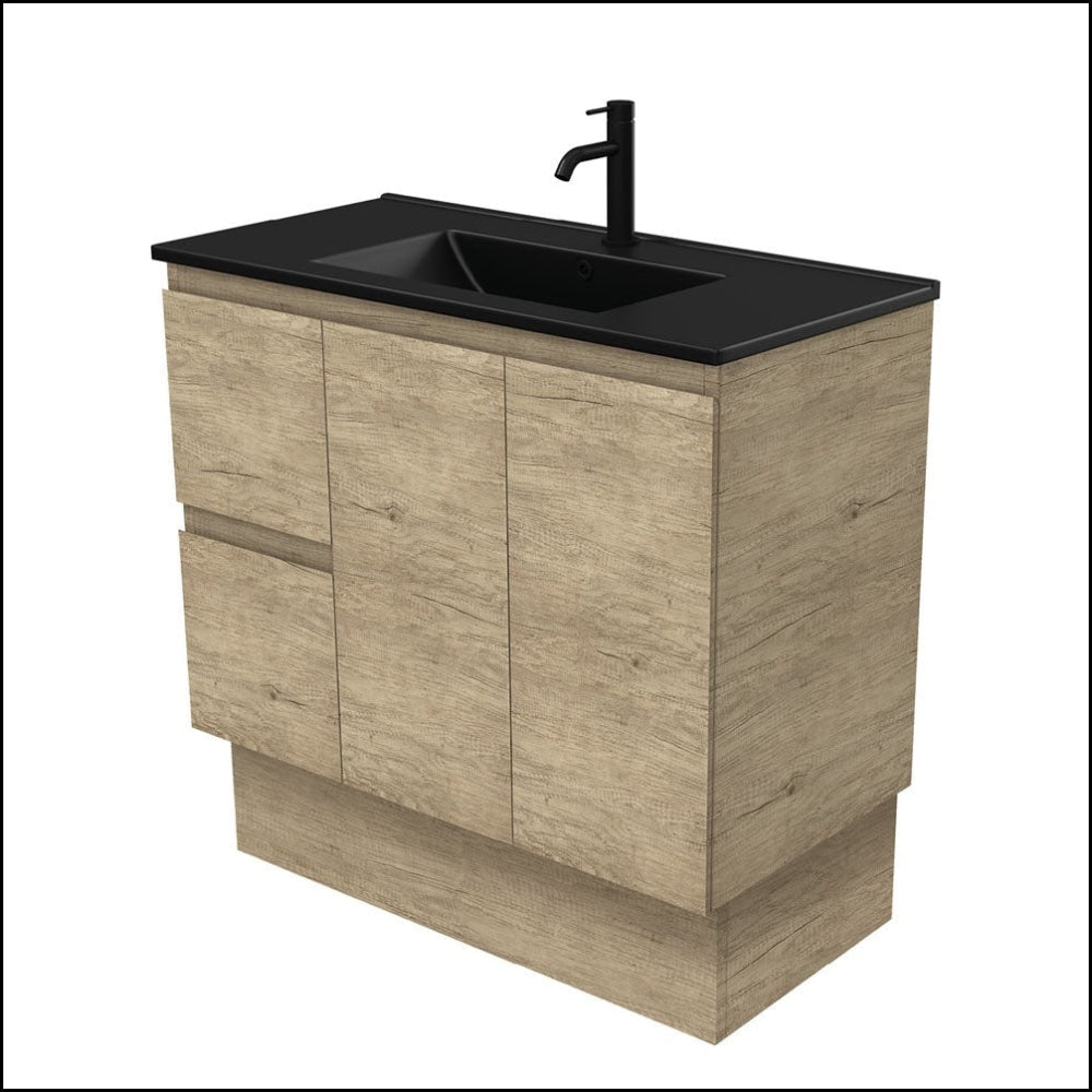 Fienza TCLB90SKL 900mm Dolce Matte Black Scandi Oak Bathroom Vanity with Left Drawers & Kickboard - Modern Sink Cabinet for Small Bathrooms & Powder Rooms