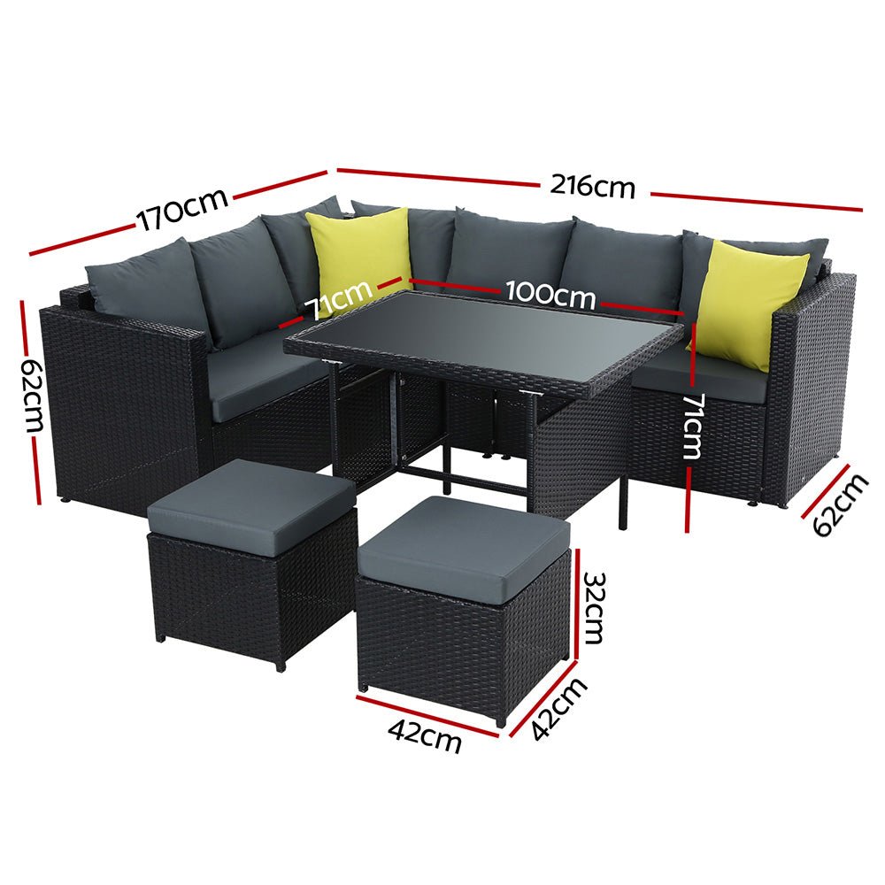 8-Piece Hamilton Outdoor Corner Dining Set with Black Frame & Gray Cushions - Perfect for Patio, Garden, and Backyard Entertaining