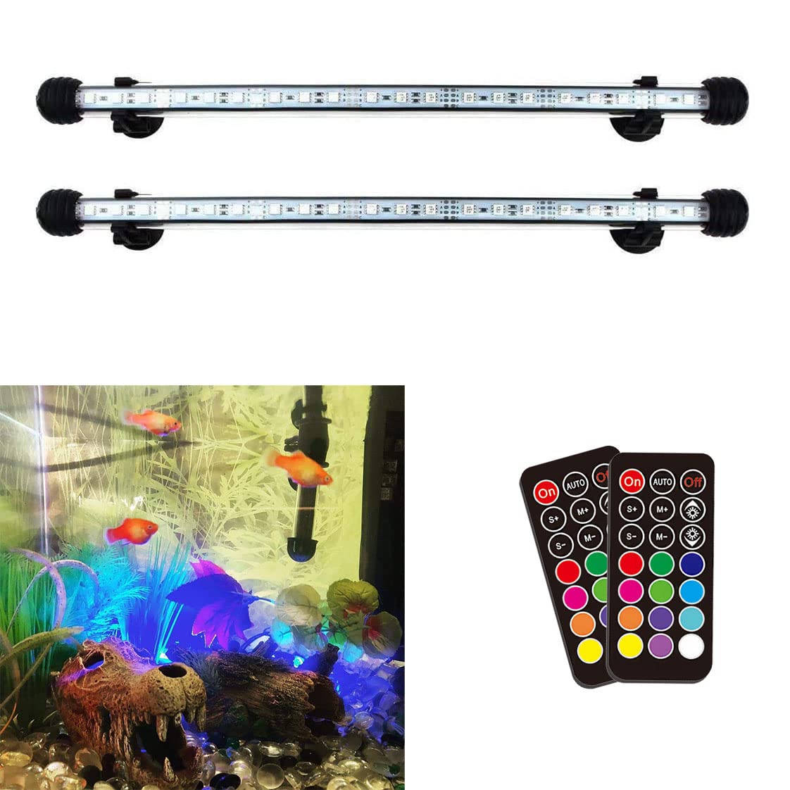 COVOART 2 Pack 15 Inch LED Aquarium Light - RGB Color Adjustable Fish Tank Light with 42 LED Beads, Submersible Crystal Glass Underwater Lighting for Freshwater & Saltwater Tanks - Perfect for Home, Office, and Aquarium Decor