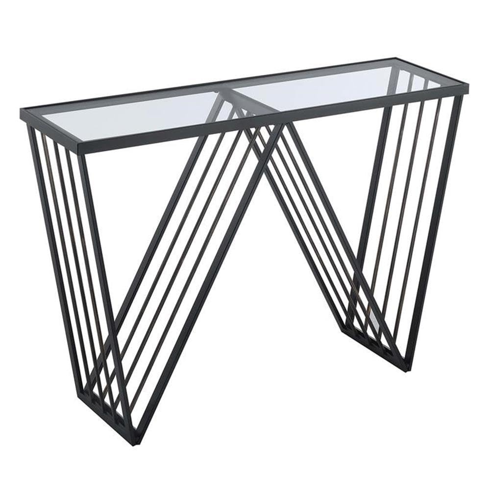 Modern Black Metal Console Table with Clear Glass Shelf - Sleek Entryway Furniture for Hallway, Living Room & Office Decor