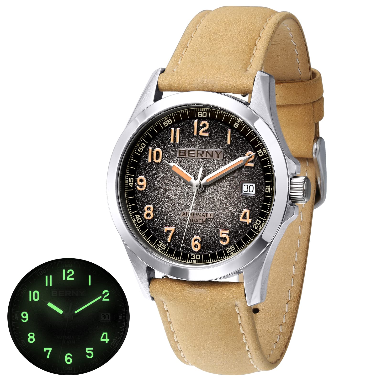 BERNY Men's Automatic Watch with Seagull ST2130 Movement - Leather Strap, Luminous Hands, 10ATM Waterproof, Sapphire Crystal Glass, Scratch Resistant - Perfect for Business, Casual & Outdoor Activities