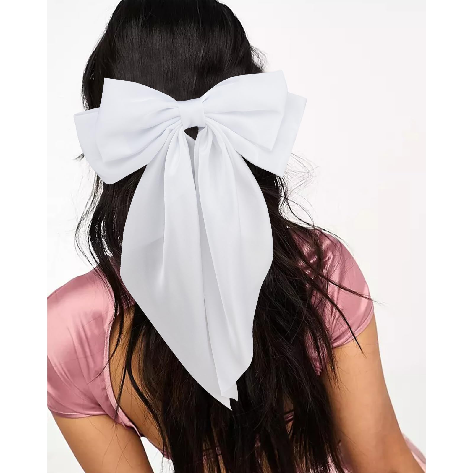 3Pcs Women's Hair Bows Set - White, Black & Khaki Oversized Satin Hair Accessories with Long Tails, Barrettes & Clips | Perfect Gift for Girls, Teens & Women | Great for Weddings, Parties & Daily Styling