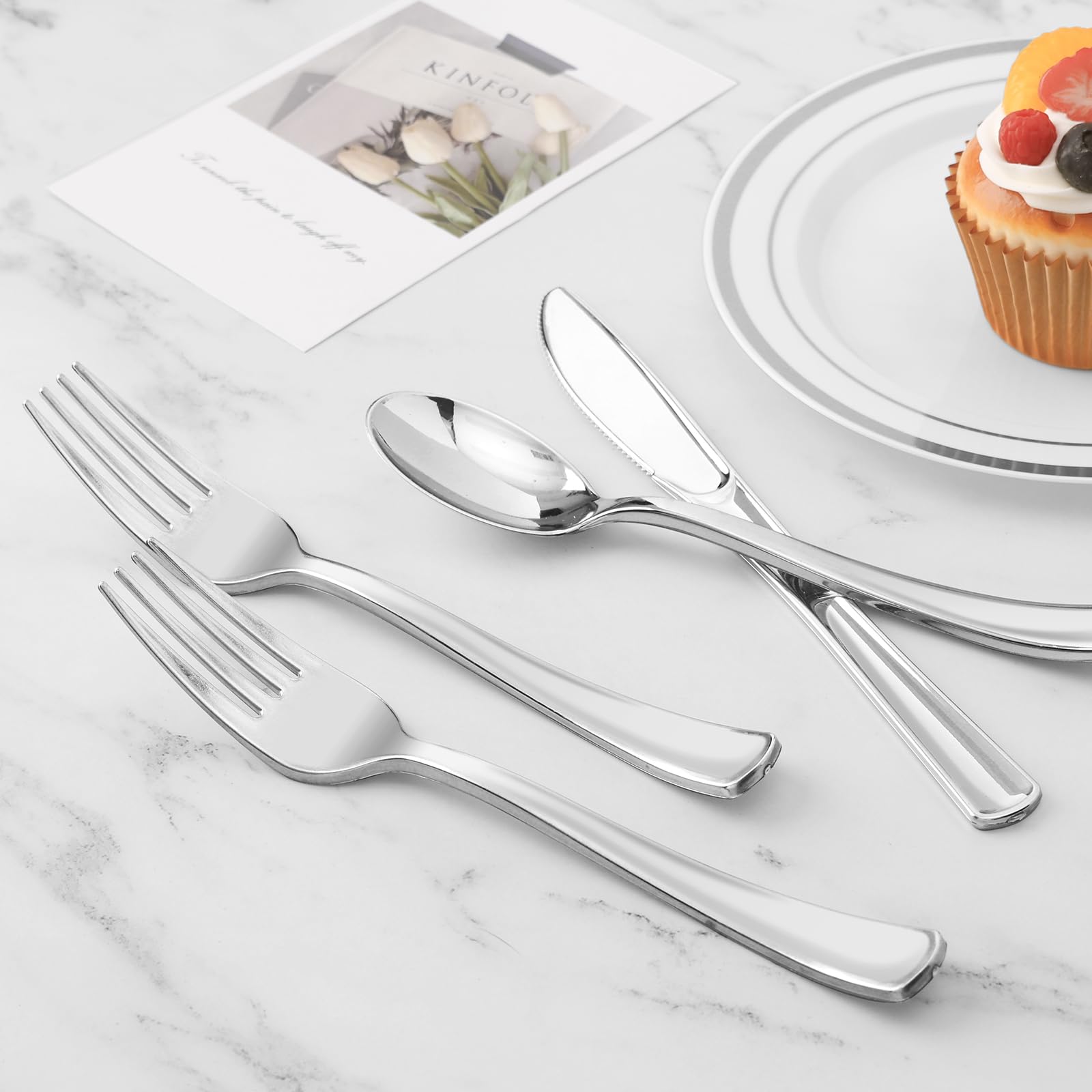 100-Piece Disposable Silver Plastic Cutlery Set - Pre-Rolled Wrapped Silverware with 100 Napkins, Knives, Forks & Spoons - Perfect for Parties, Birthdays, Picnics & Catering Events