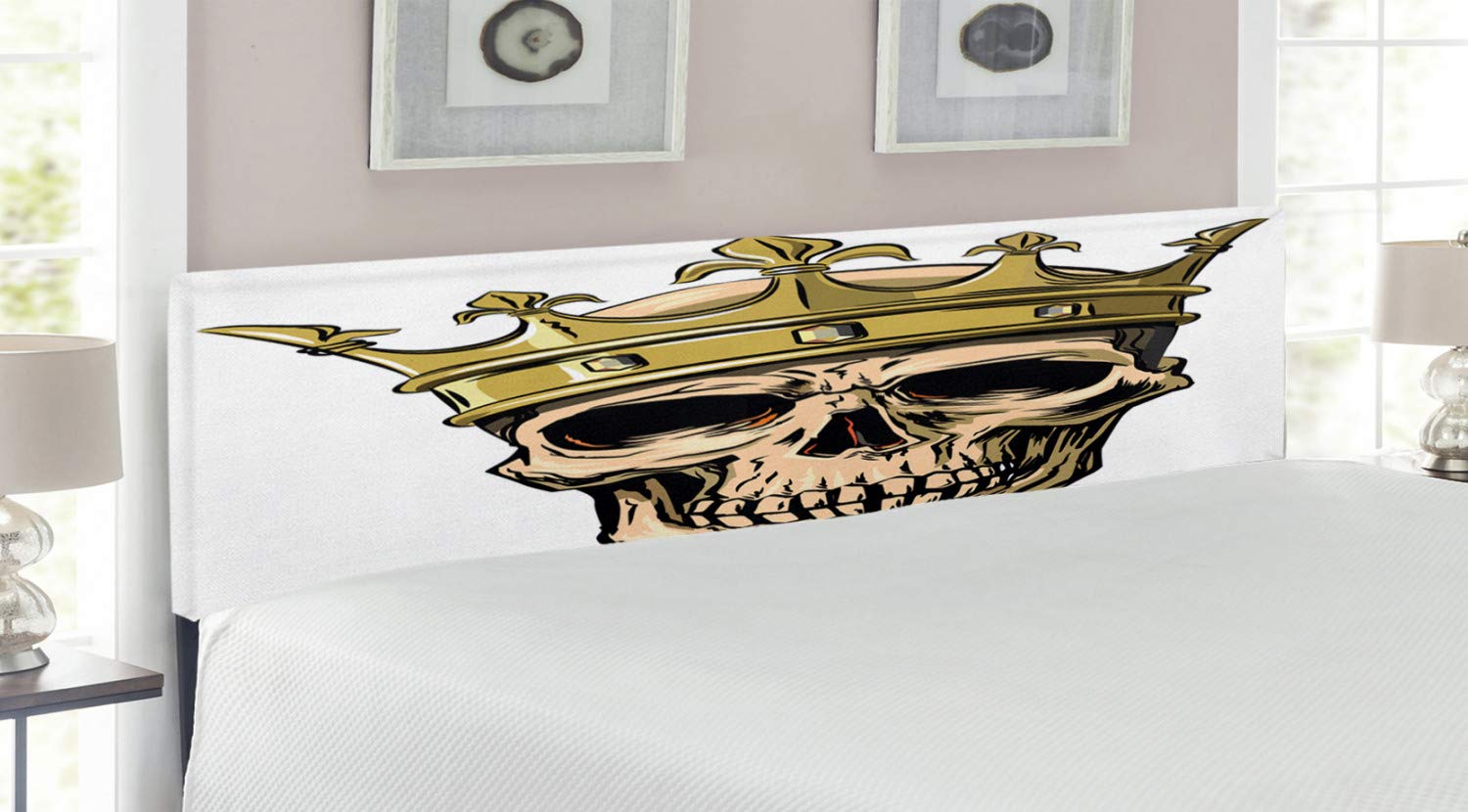 Ambesonne King Size Upholstered Headboard - Hand Drawn Skull Skeleton with Royal Crown Tiara Design on White Background, Decorative Metal Bed Frame with Memory Foam Padding | Gothic Bedroom Decor for Master Bedroom or Guest Room
