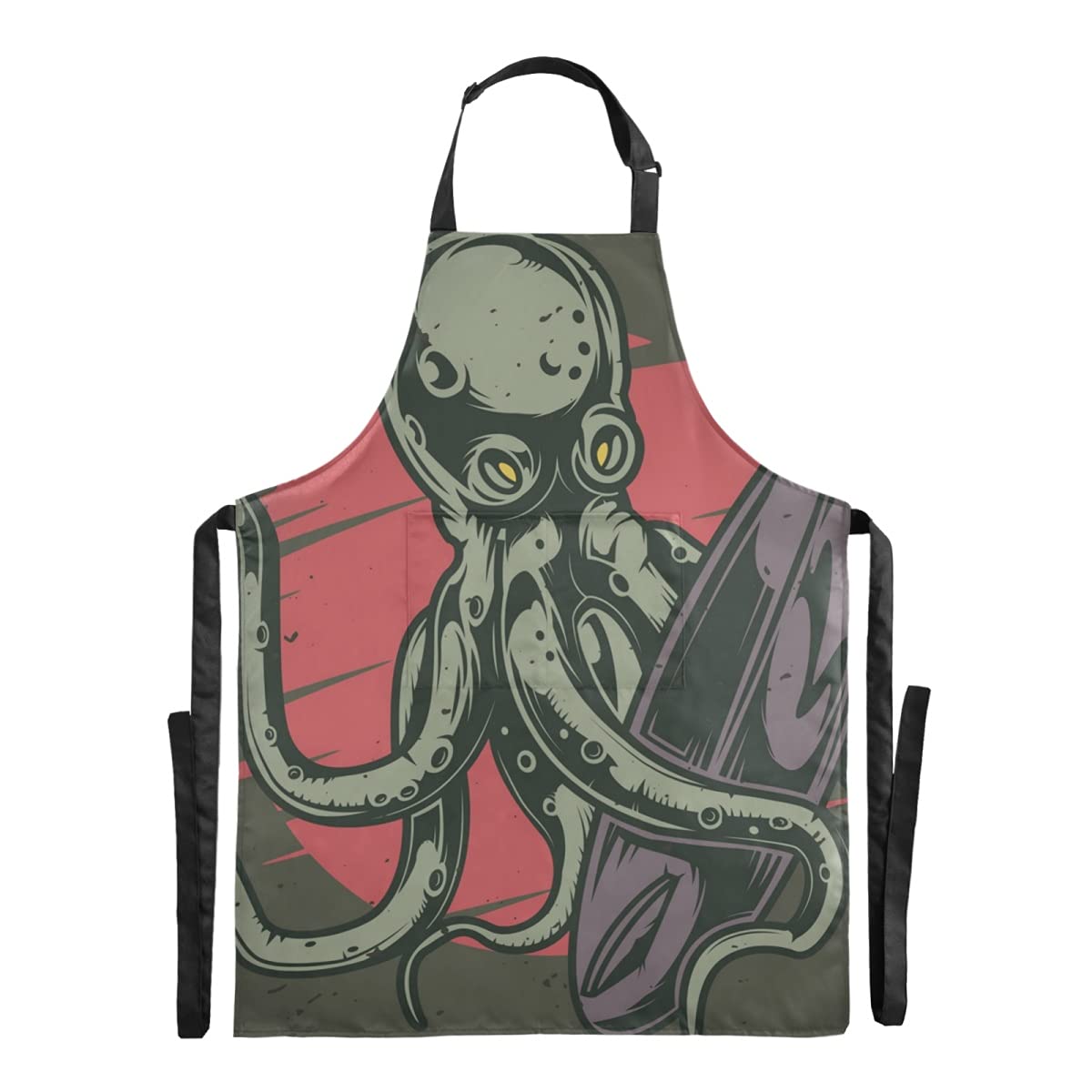 Waterproof Funny Cartoon Octopus Surfboard Sun Bib Apron - Adjustable Straps & Large Pocket for Adults - Perfect for Restaurant, Salon, Cafe, Kitchen & Outdoor BBQ, Beach Parties, DIY Projects