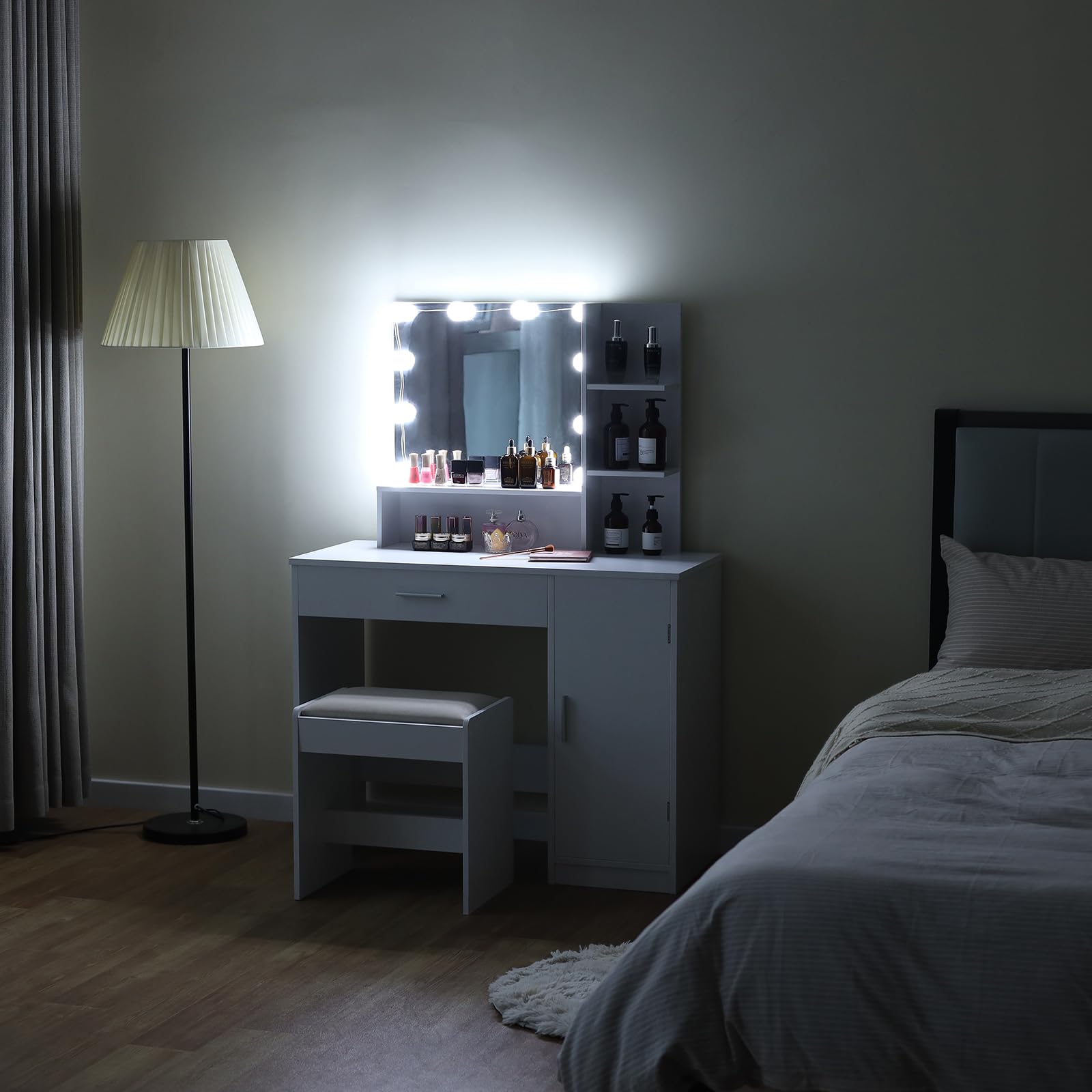 USIKEY White Makeup Vanity Desk Set with Stool - 1 Drawer, 1 Cabinet & 3 Shelves, 3 Adjustable Lighting Modes - Perfect for Bedroom, Dressing Room & Valentine's Day Gift