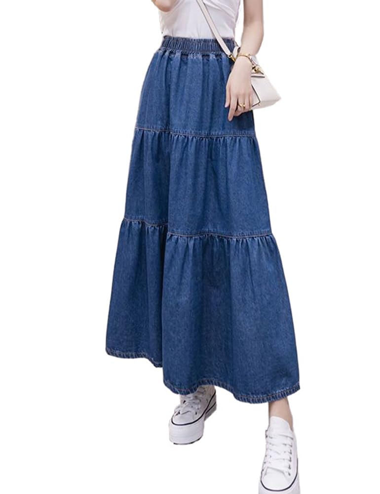 Women's A-Line Flare Denim Jean Skirt with Ruffle Hem & Elastic Waist - Casual Long Skirt for Women, Perfect for Spring, Summer, and Fall Outfits