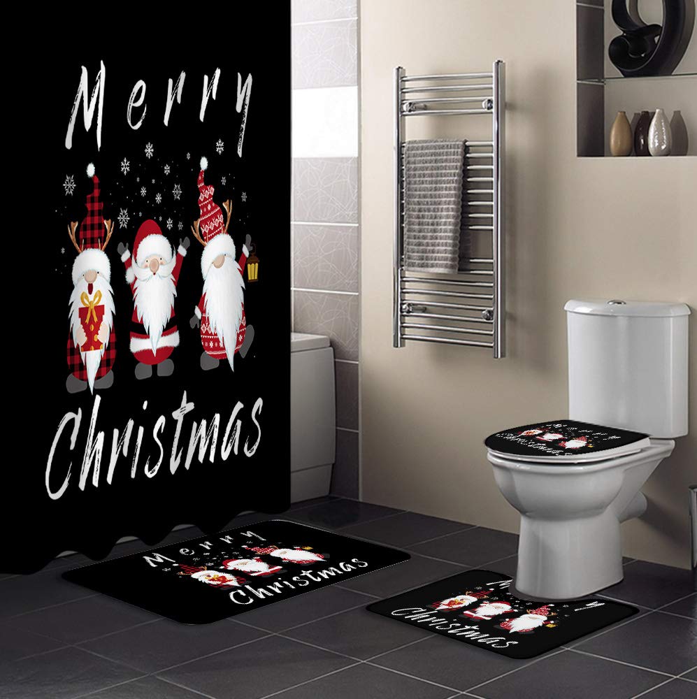 4PCS Non-Slip Christmas Gnome Bathroom Mat Set - Merry Christmas Decor with Shower Curtain, Toilet Seat Cover & Rugs for Holiday Bathroom Decorating - Perfect for Christmas Home, Guest Bathroom & Festive Gift Giving
