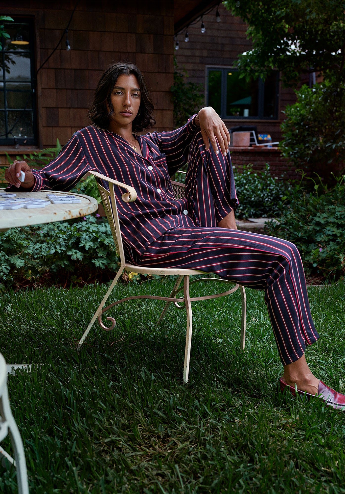 Luxurious Washable Silk Pajama Set for Women - Midnight Stripe Print - Soft & Breathable Sleepwear - Perfect for Relaxing at Home, Spa Days & Cozy Evenings