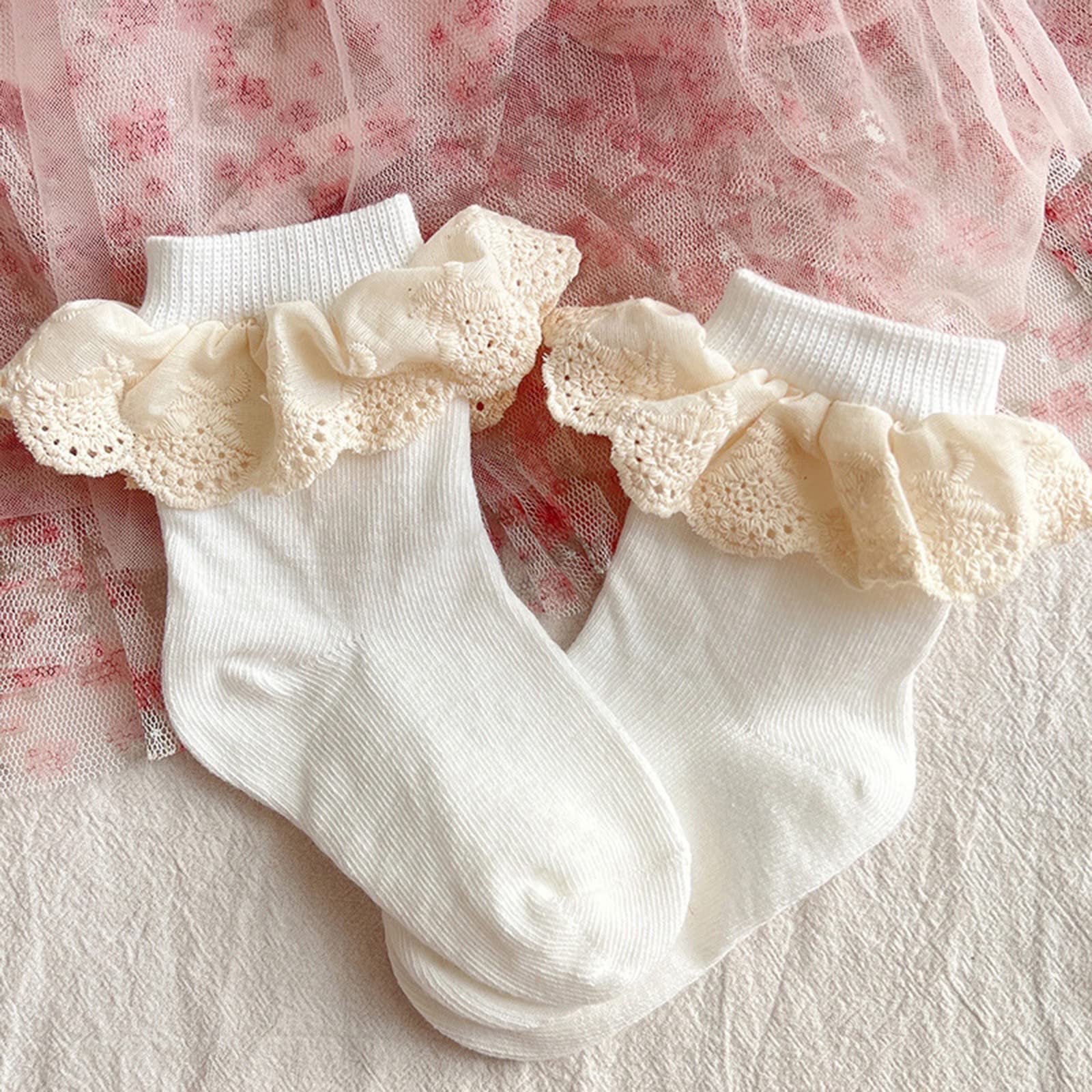 Baby Girls Ruffles Lace Socks - Toddler Princess Frilly Dress Socks - Soft Infant Ankle Socks for Parties, Photography & Special Occasions