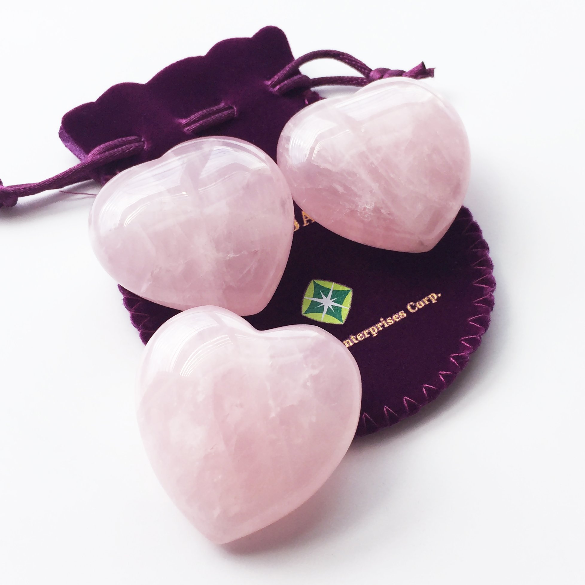 Rose Quartz Crystal Puffy Heart Set of 3 - Natural Healing Stones for Chakra Balancing, Meditation, Stress Relief & Home Decor | Perfect for Yoga Spaces, Gift Giving & Spiritual Wellness