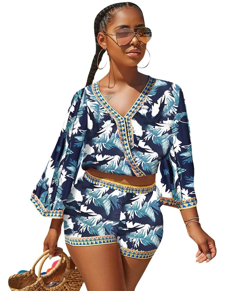 Women's 2-Piece Summer Outfit - Floral Print Boho Crop Top & Shorts Set | Casual Beachwear, Vacation Outfits, Street Style Fashion