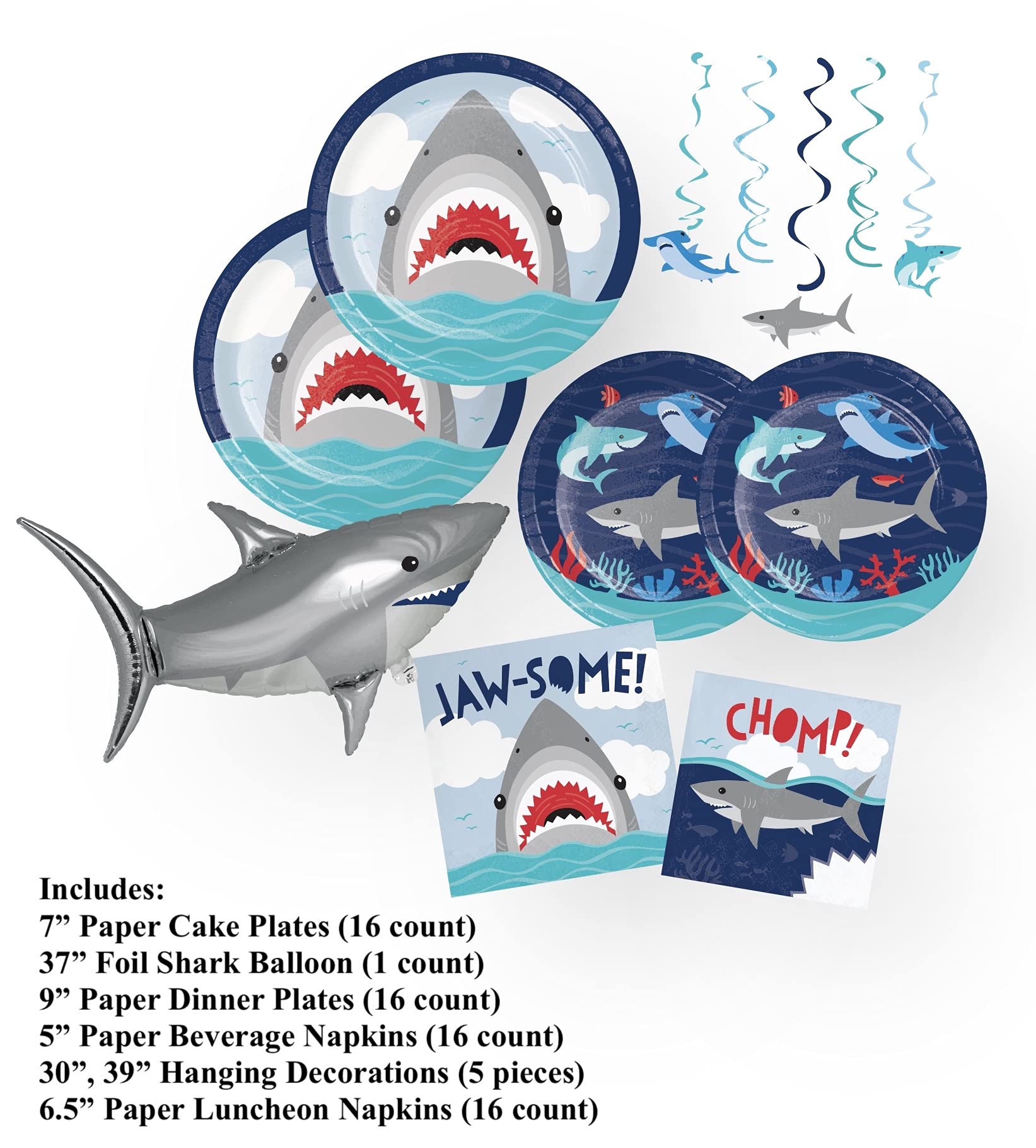 Creative Converting Shark Party Supplies - 70-Piece Set with Plates, Napkins & Balloon Decorations for Kids Birthday, Baby Shower & Ocean Theme Events