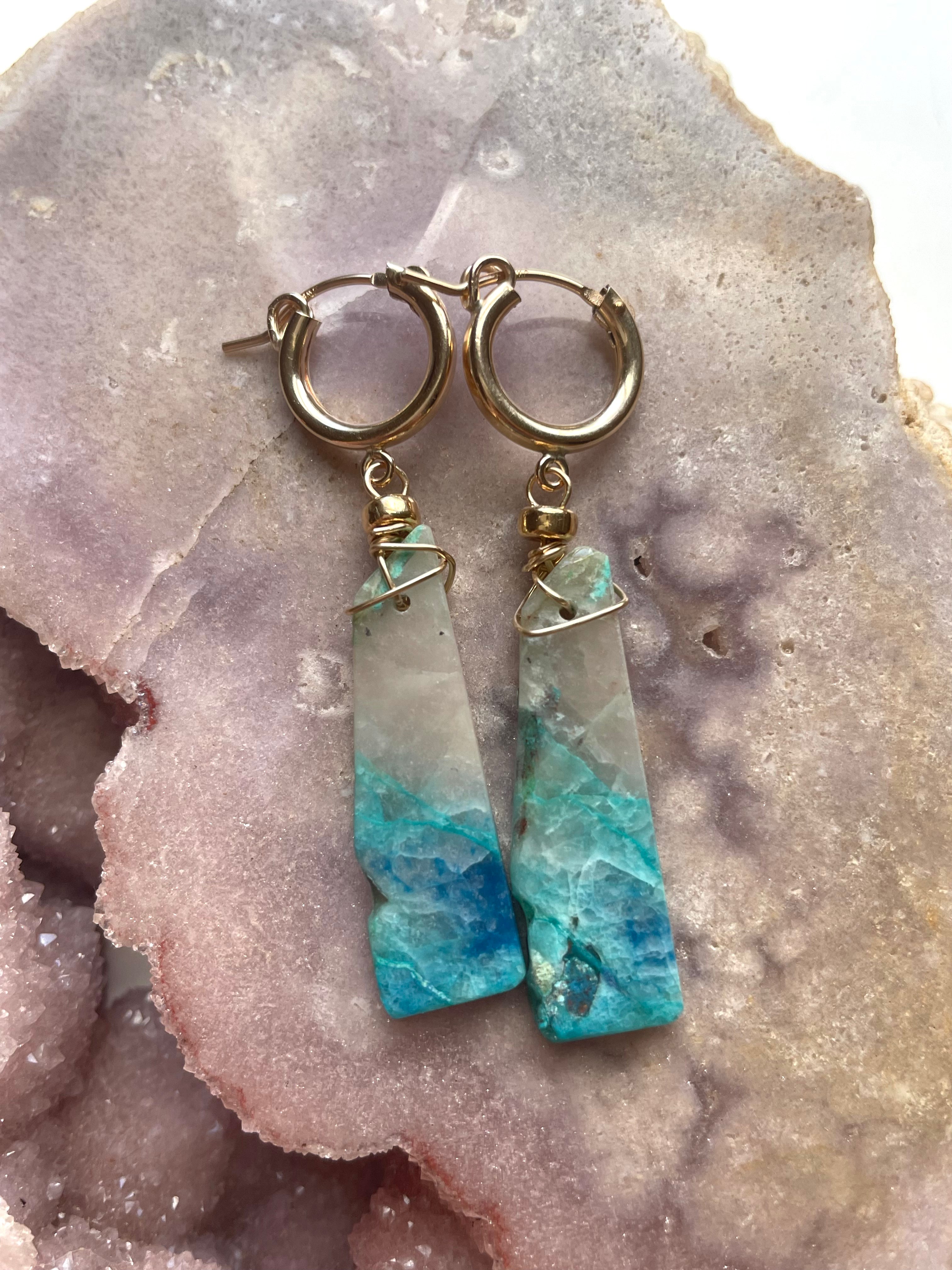 Chrysocolla Gold Filled Statement Hoop Earrings with Crystal Gemstones | Elegant Bohemian Jewelry for Women | Perfect for Parties, Weddings & Special Occasions