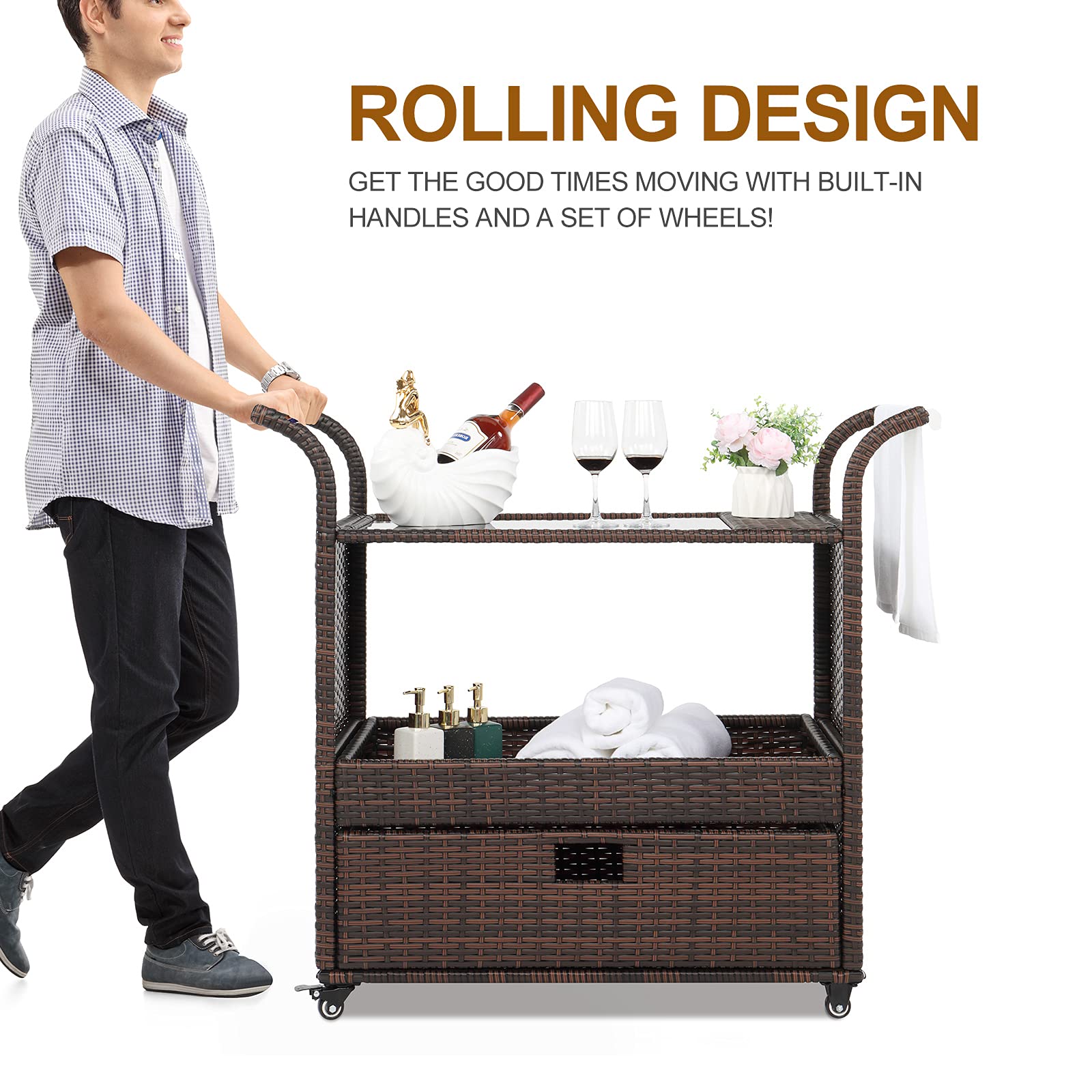 Outvita Outdoor Rolling Wicker Bar Cart with Storage Basket & Lockable Wheels - Rattan Beverage Cart with Glass Top for Patio, Poolside, Garden Parties & Home Entertaining
