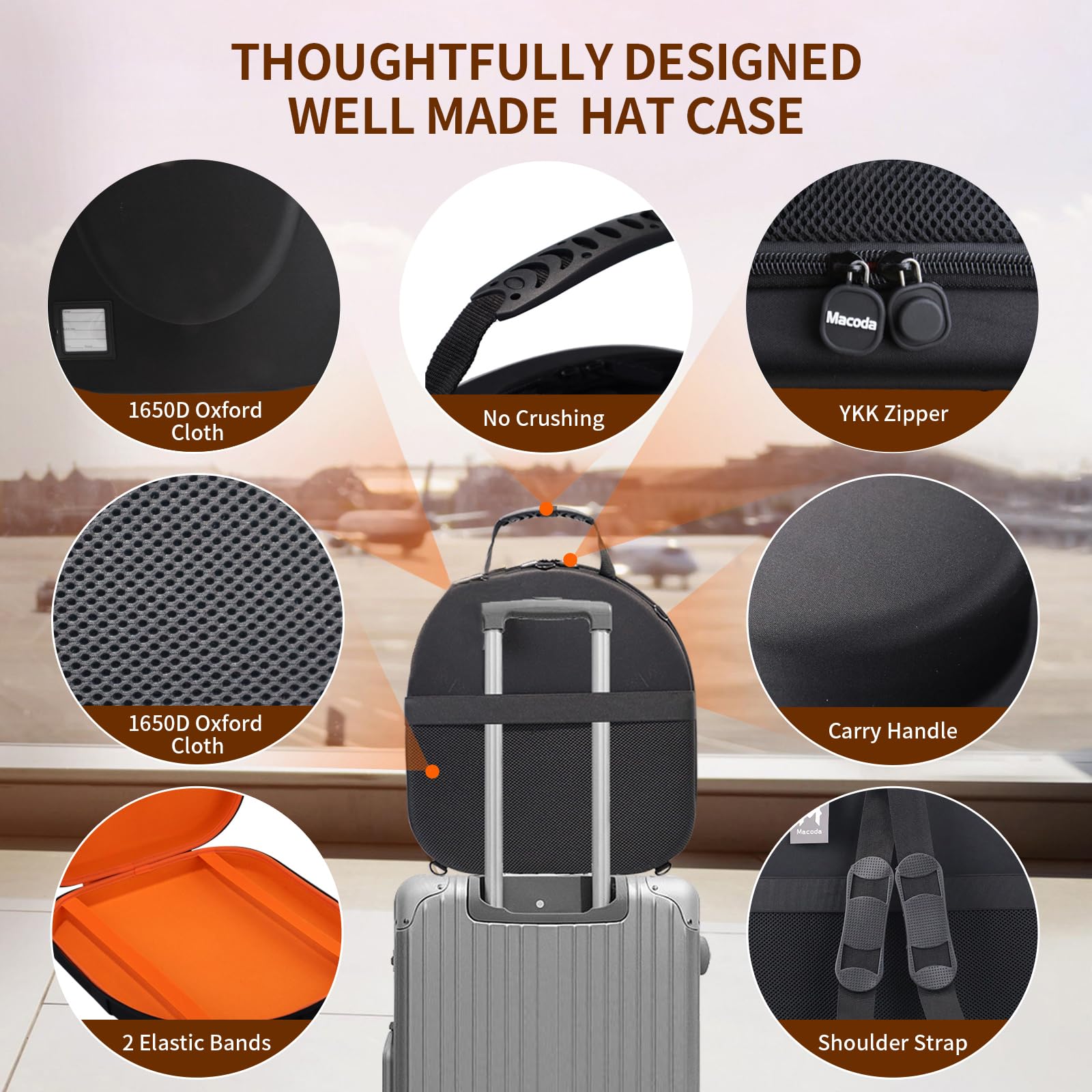 Travel Hat Holder with Tablet Pocket - Portable Hat Storage Case for Men & Women, Protects up to 2 Hats - Includes Carrying Handle, Shoulder & Luggage Strap (Orange) - Perfect for Airplane, Road Trips & Outdoor Adventures