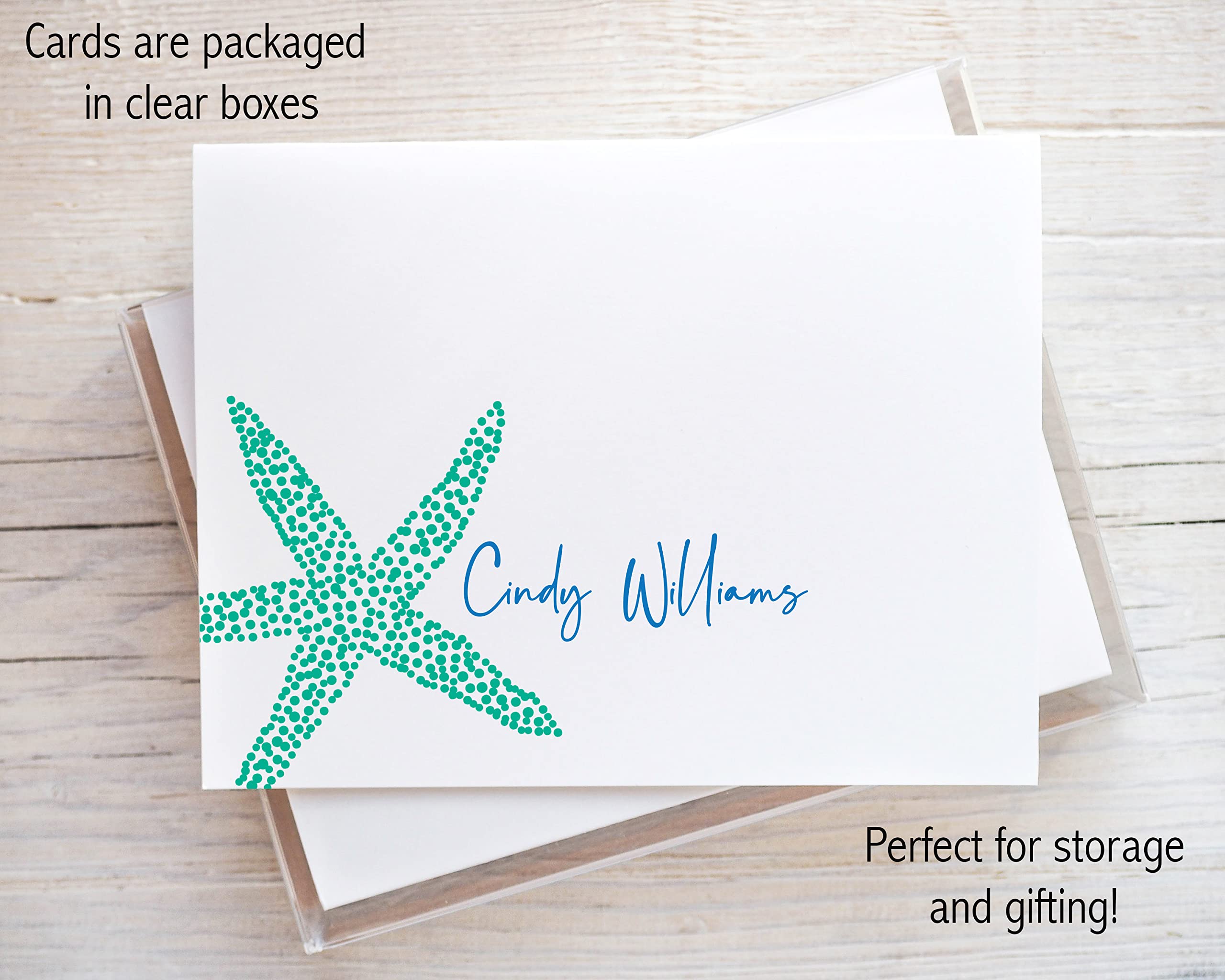 Personalized Starfish Note Cards Set of 10 with Envelopes | Custom Beach Thank You Cards | Aqua Sea Star Stationery for Women | Perfect for Beach Weddings, Summer Parties & Coastal Home Decor