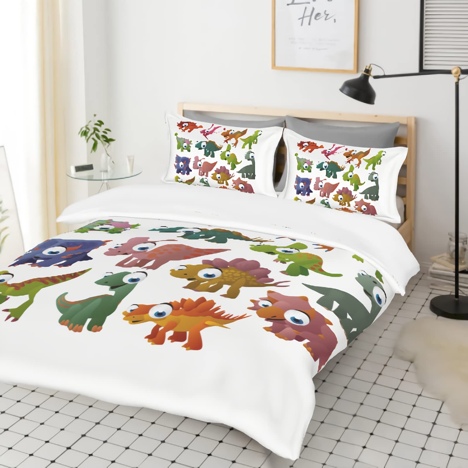 GREDBH King Size Dinosaur Duvet Cover Set - Cartoon Dino Pattern 3-Piece Bedding Set with 2 Pillowcases | 100% Soft Microfiber | Kids Room Decor, Dinosaur Themed Bedroom, Boys Girls Nursery | (Comforter Not Included)