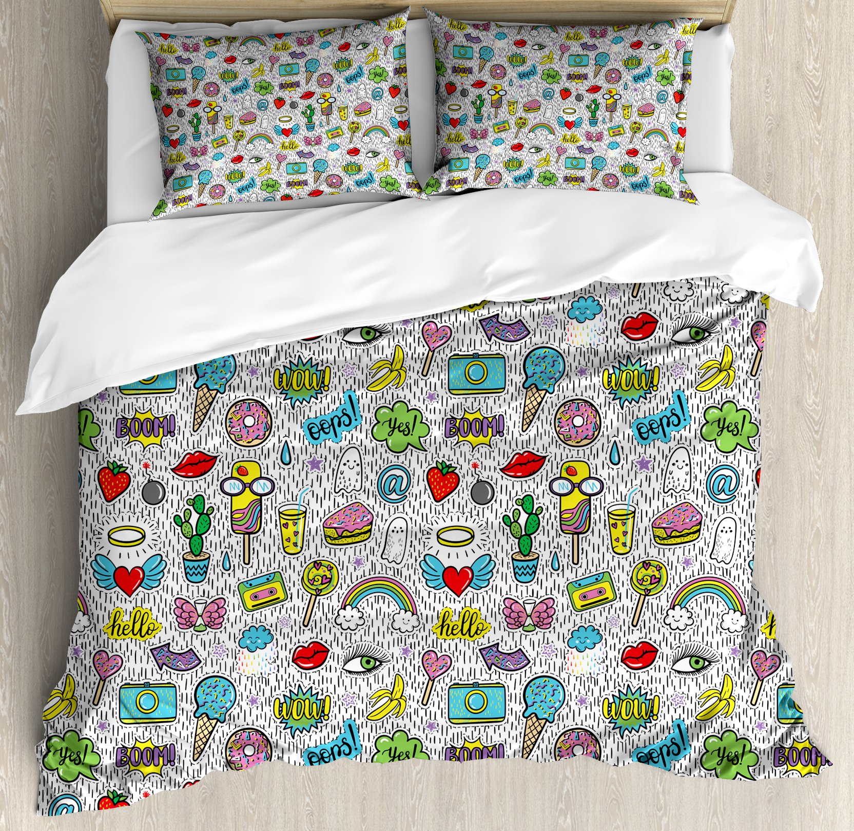 Ambesonne Retro Duvet Cover Set - Pop Art Cartoon Design with Eye, Ice Cream, Rainbow, Donut & Heart Patterns | 3-Piece Queen Size Bedding Set with 2 Pillow Shams in Grey & White | Perfect for Teen Bedrooms, Dorm Decor & Funky Home Styling
