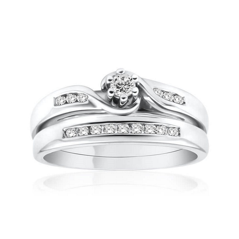 9ct White Gold 2 Ring Bridal Set With 1/4 Carat Diamond - Elegant Wedding Band & Engagement Ring Set for Brides, Perfect for Proposals & Anniversaries