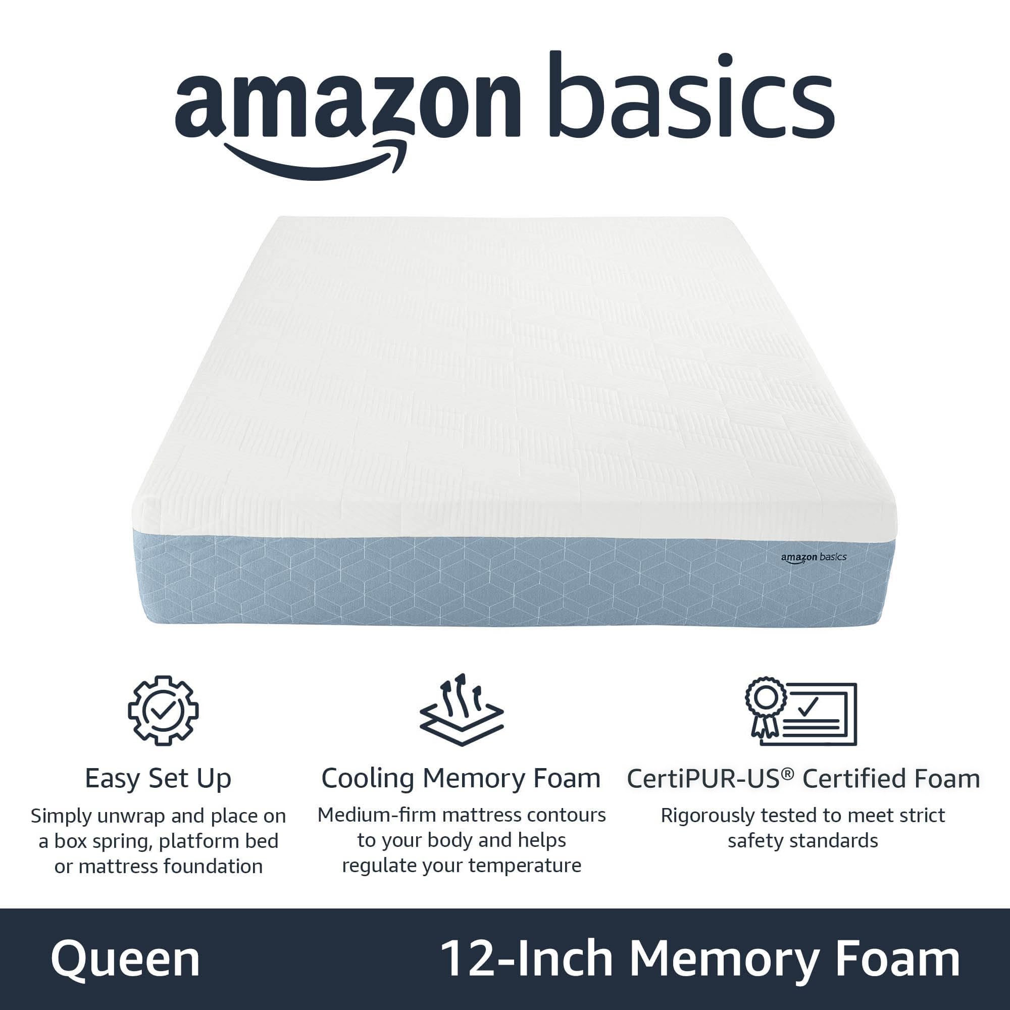 Amazon Basics Cooling Gel Memory Foam Mattress - Medium Firm Queen Size (80x60x12 Inches) - CertiPUR-US® Certified, Breathable & Pressure Relieving - Perfect for Hot Sleepers & Back Pain Relief - White/Gray