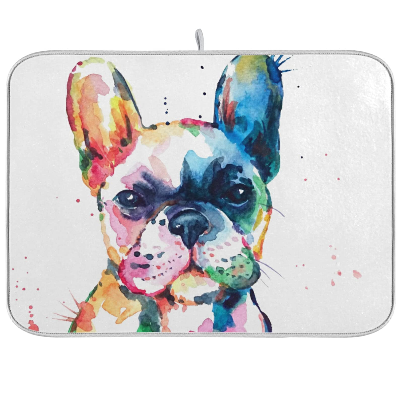 Watercolor French Bulldog Dish Drying Mats - Heat Resistant, Eco-Friendly Kitchen Counter Mat (16x18 Inch) for Stylish and Functional Dish Drying
