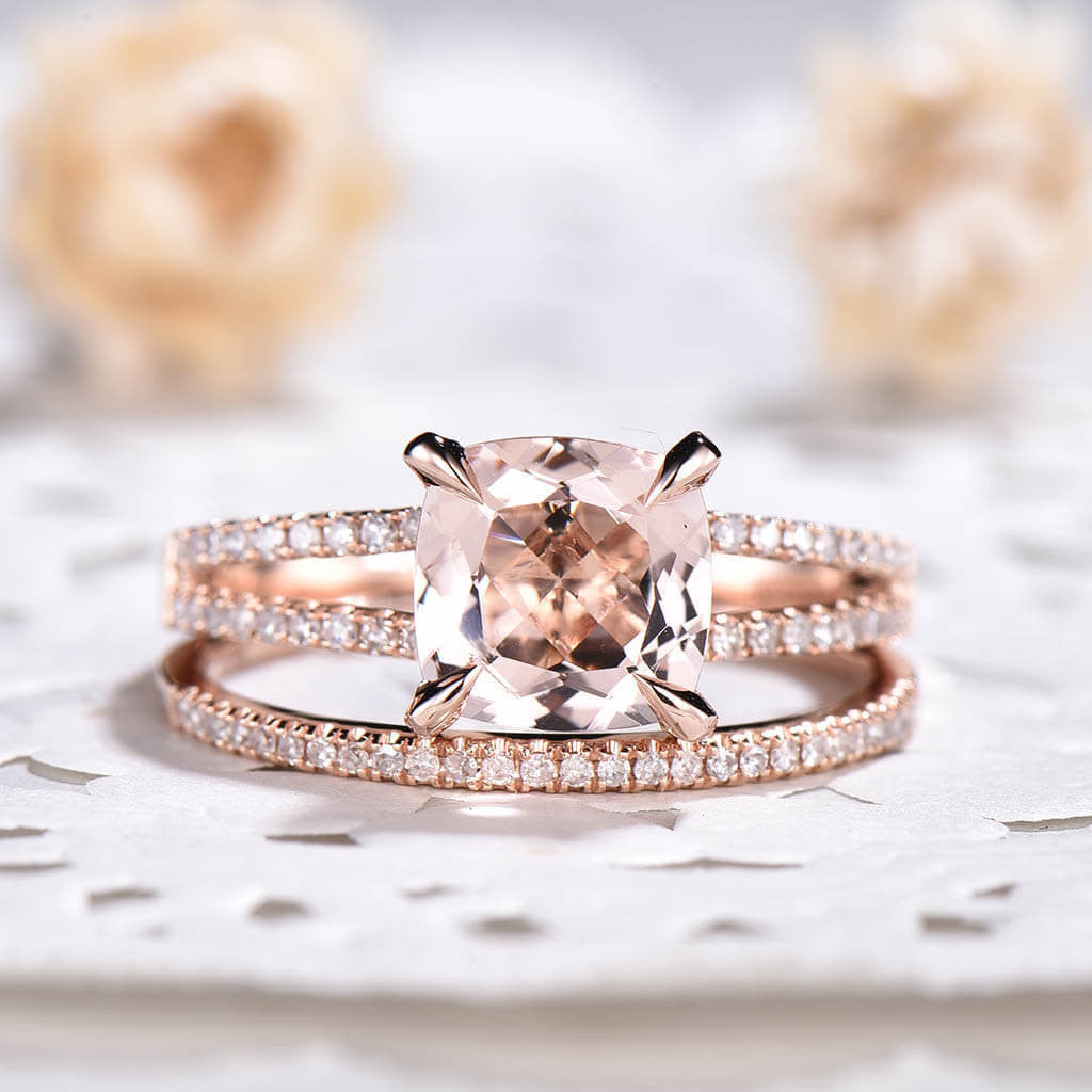 14K/18K Gold Cushion Morganite Engagement Ring with Diamond Accents - Elegant Wedding Set for Brides, Promise Rings & Anniversary Gifts | Perfect for Proposals, Vow Renewals & Special Occasions