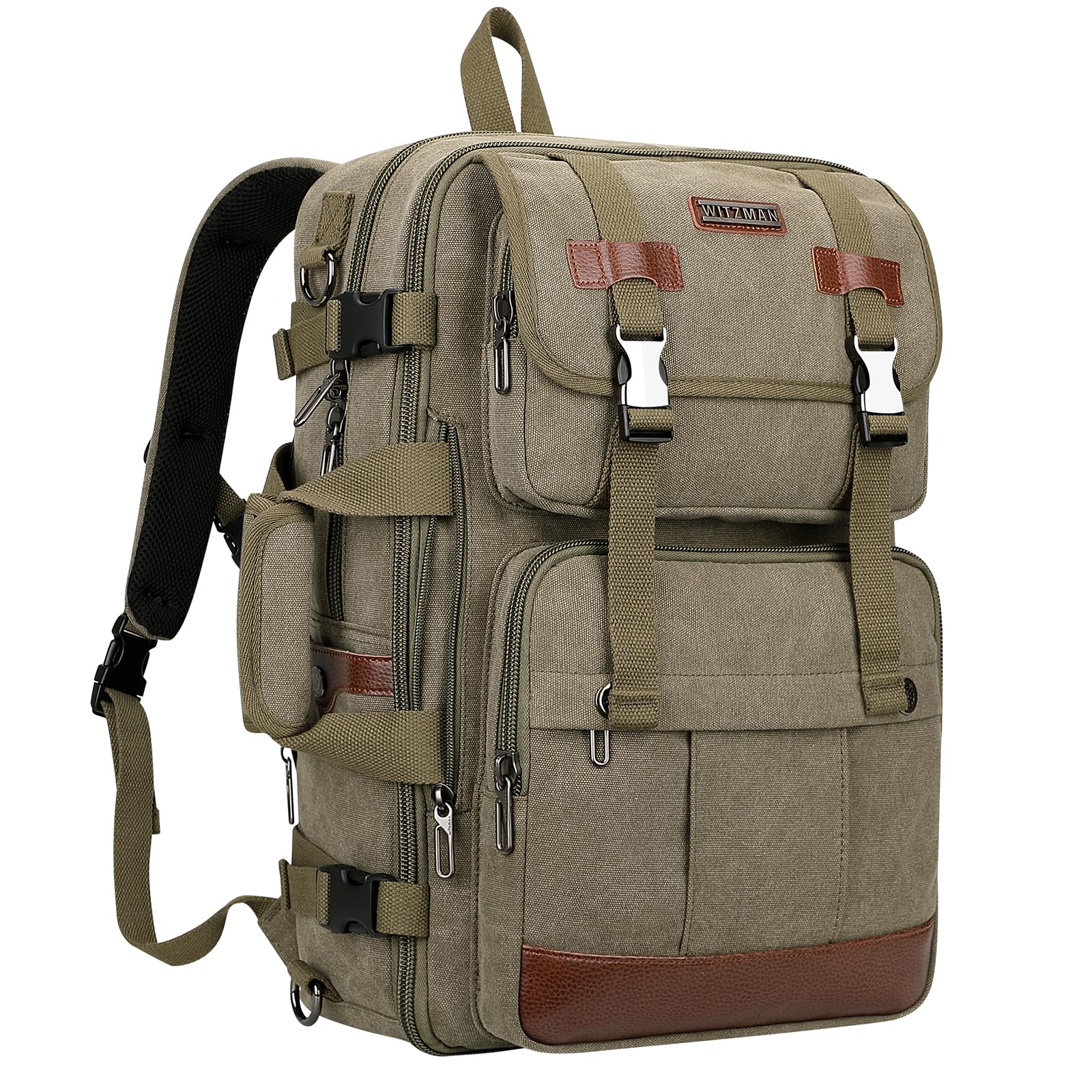 WITZMAN Large Canvas Backpack - Durable Travel Backpack & Duffel Bag with 18 Inch Laptop Compartment for Men & Women (Army Green A6617-3) - Perfect for College, Commuting & Weekend Getaways